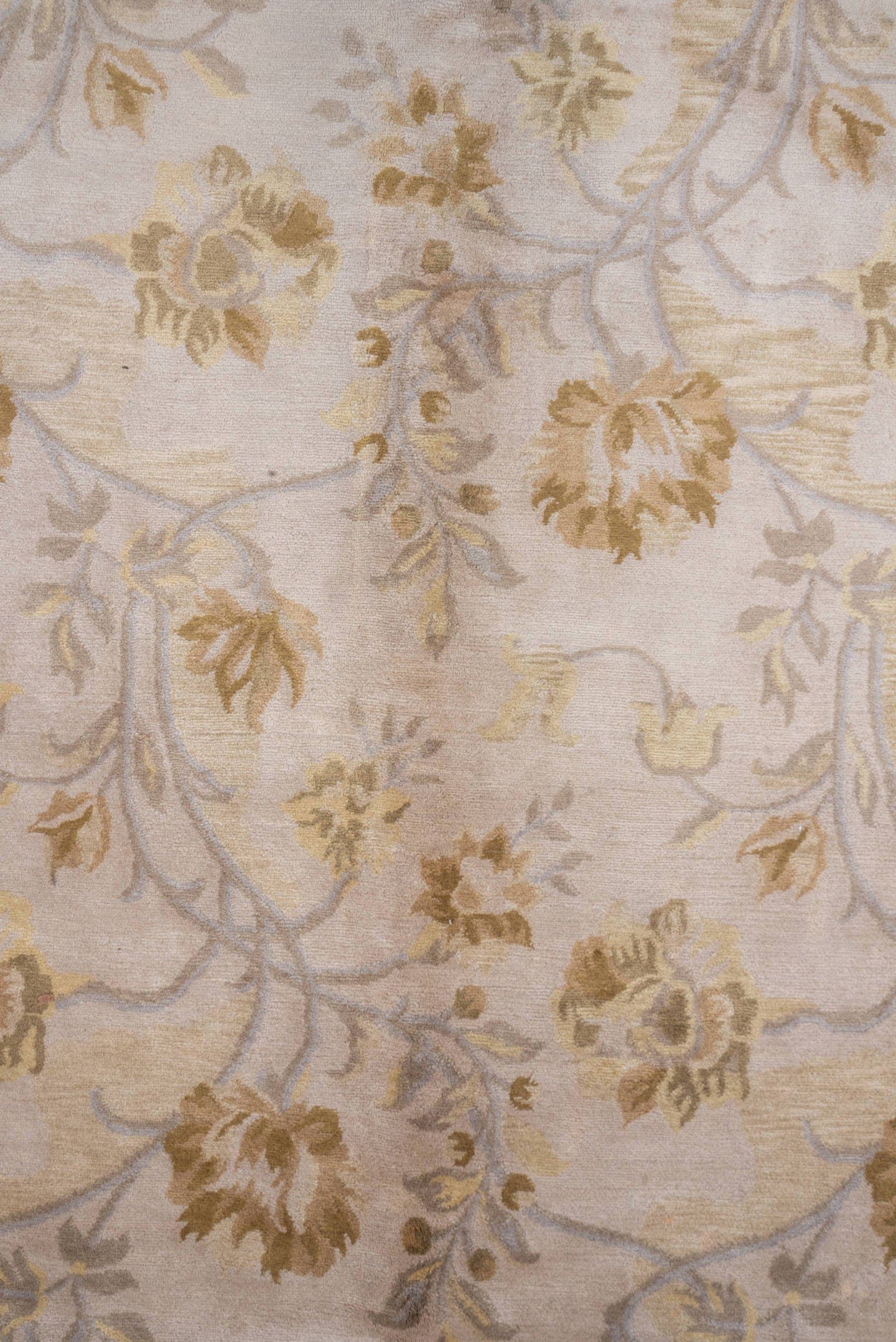 9' x 13' one-of-a-kind handmade vintage India large size rug. Color palette: ivory, taupe, camel, beige, sand, light blue