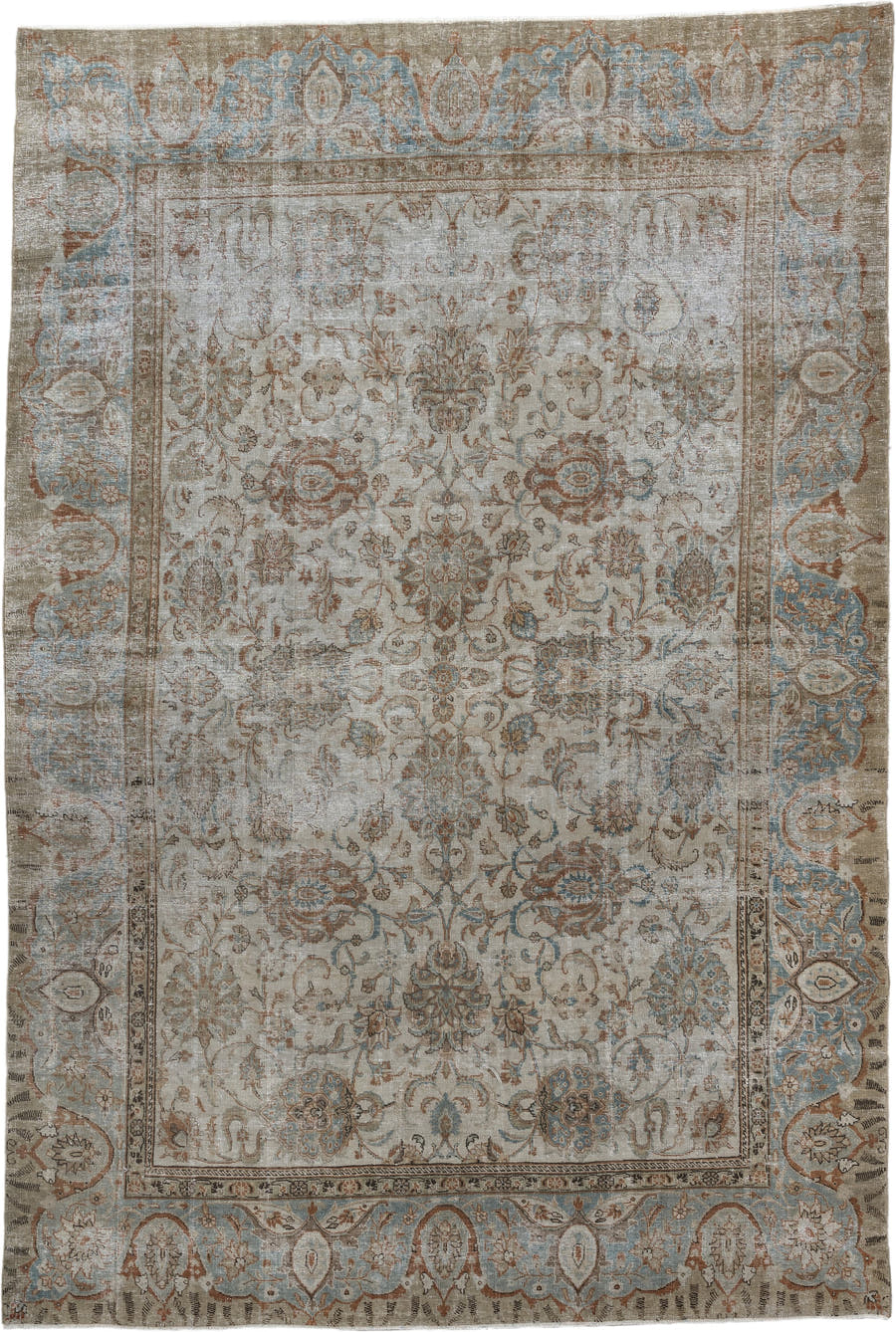 6' x 10' one-of-a-kind handmade vintage Tabriz large size rug. Color palette: ivory, taupe, sky blue, terracotta, camel
