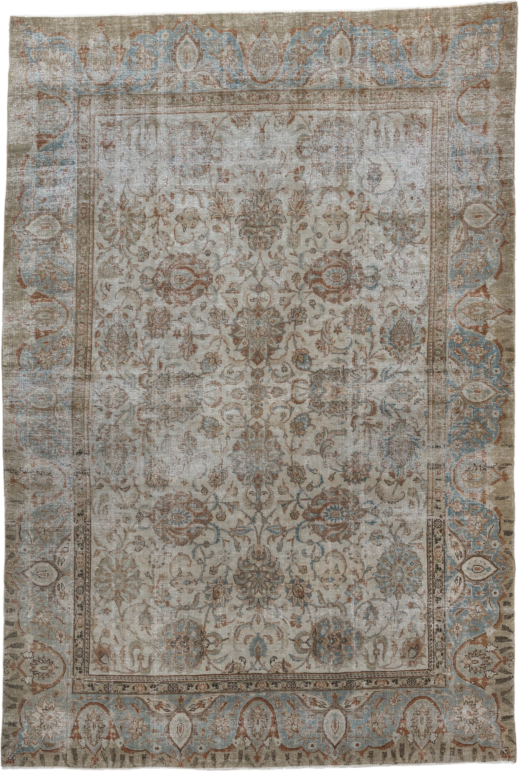6' x 10' one-of-a-kind handmade vintage Tabriz large size rug. Color palette: ivory, taupe, sky blue, terracotta, camel