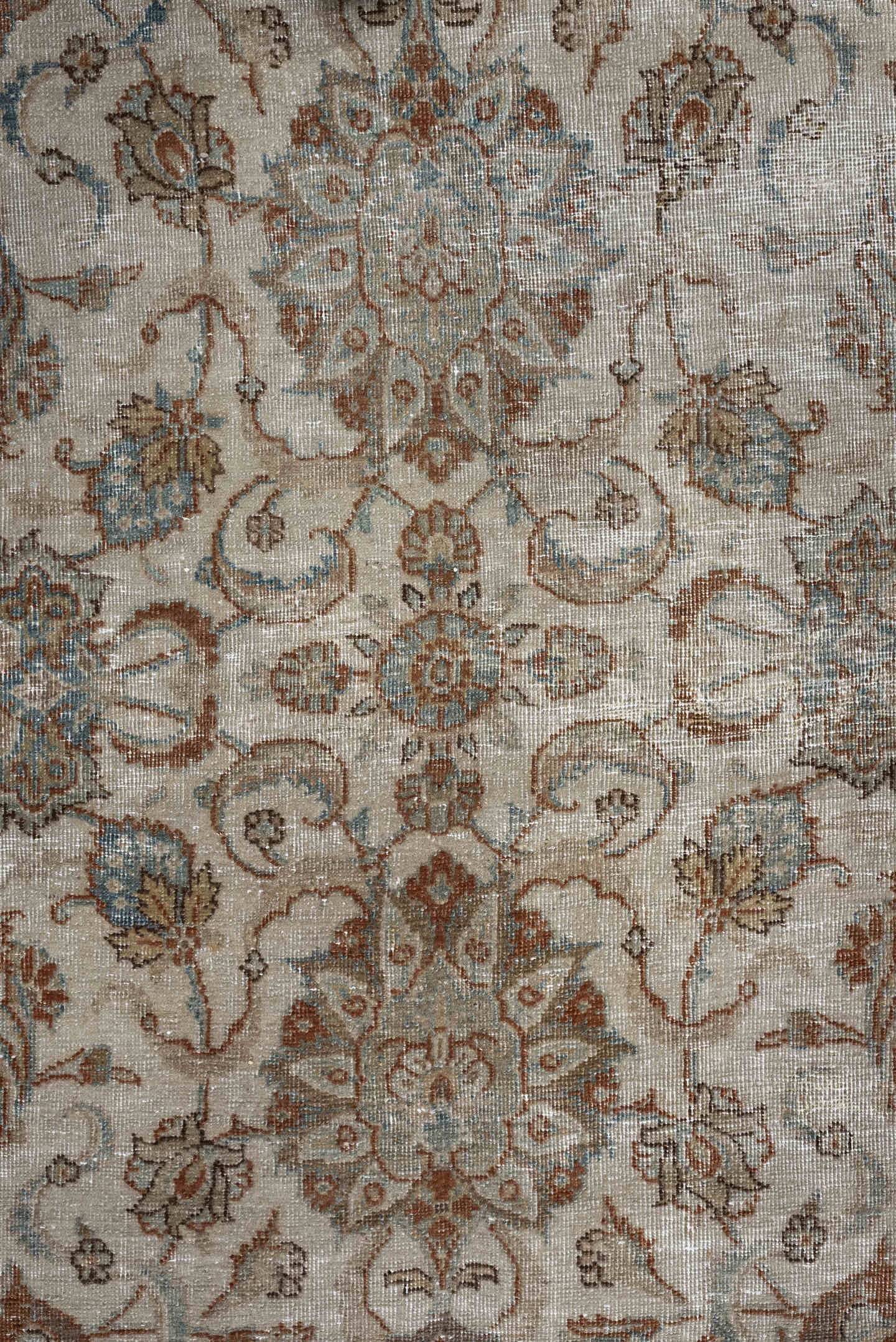 6' x 10' one-of-a-kind handmade vintage Tabriz large size rug. Color palette: ivory, taupe, sky blue, terracotta, camel