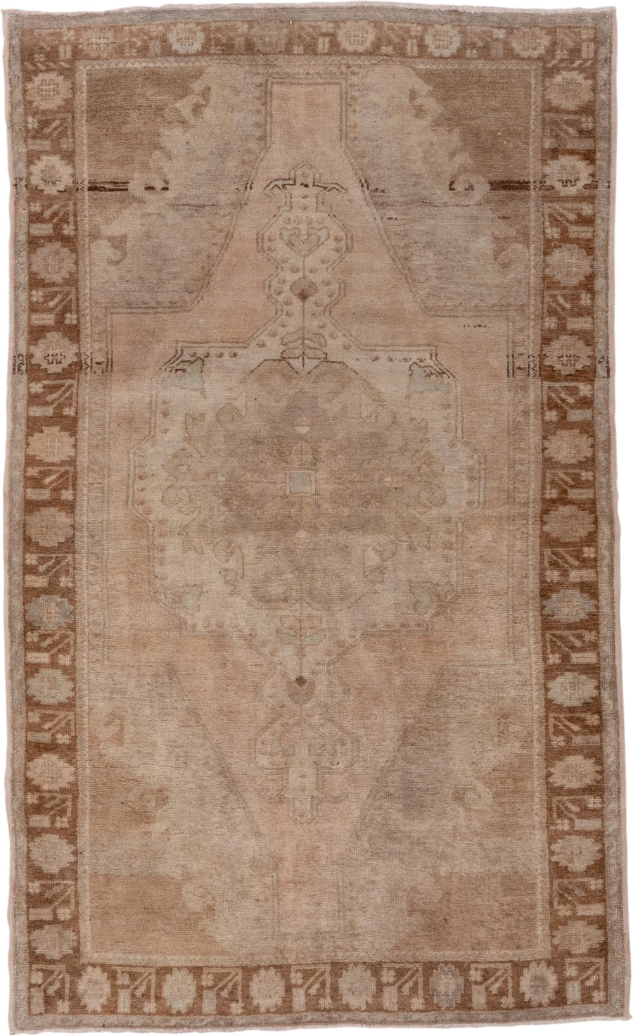 4' x 7' one-of-a-kind handmade vintage Oushak rug. Color palette: tan, taupe, ivory, camel, beige, brown, gray