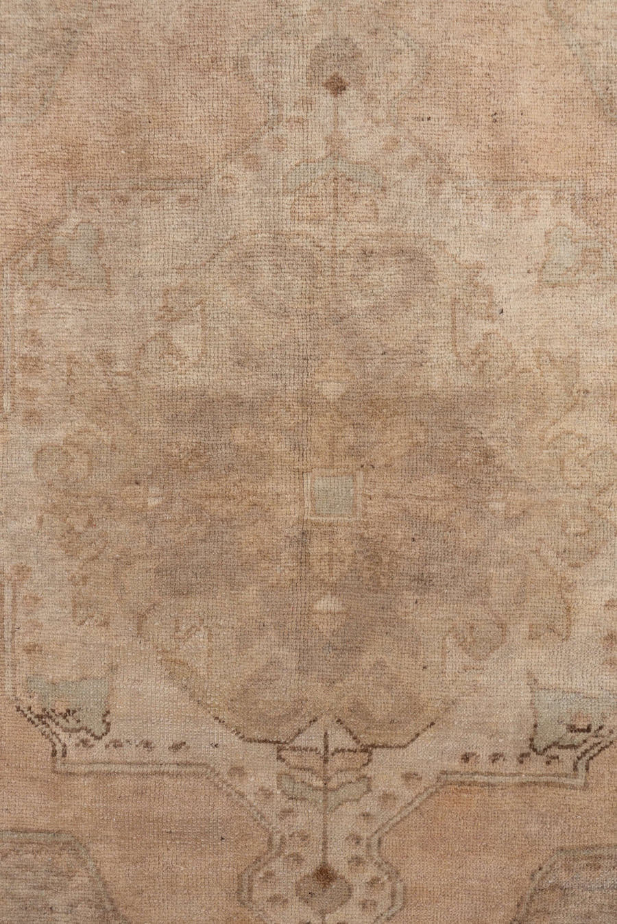 4' x 7' one-of-a-kind handmade vintage Oushak rug. Color palette: tan, taupe, ivory, camel, beige, brown, gray