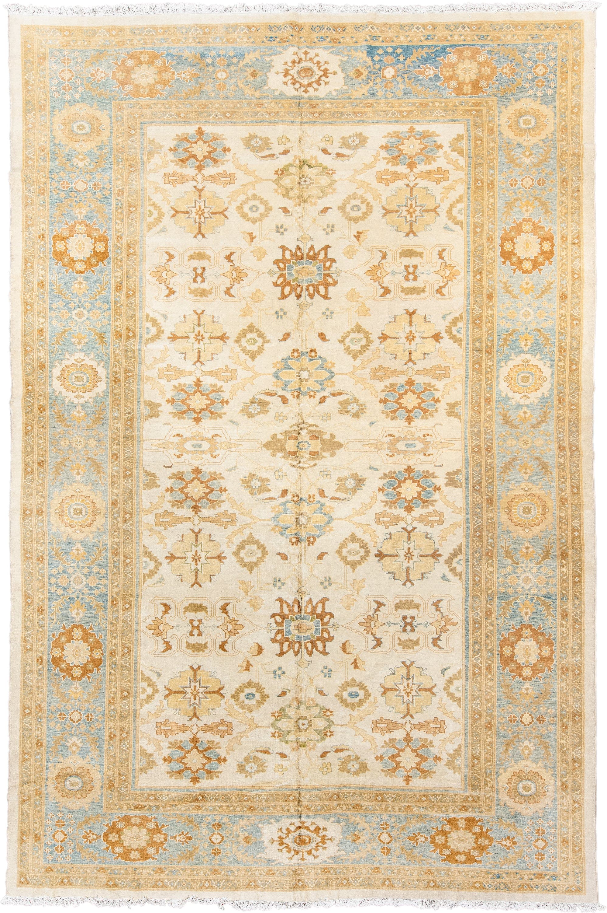 11' x 17' one-of-a-kind handmade vintage Sultanabad oversize rug. Color palette: ivory, sky blue, gold, camel, taupe, rust