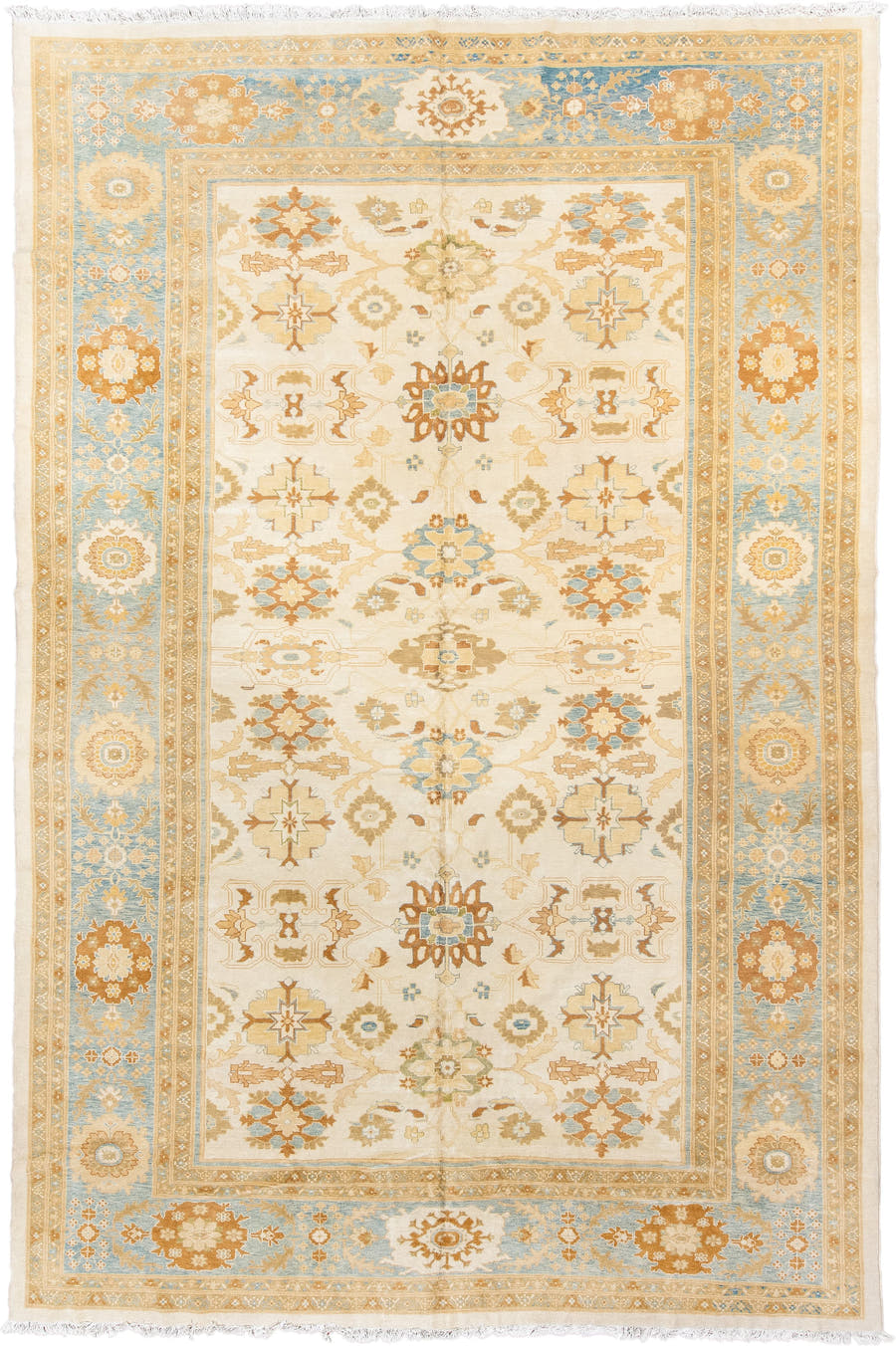 11' x 17' one-of-a-kind handmade vintage Sultanabad oversize rug. Color palette: ivory, sky blue, gold, camel, taupe, rust