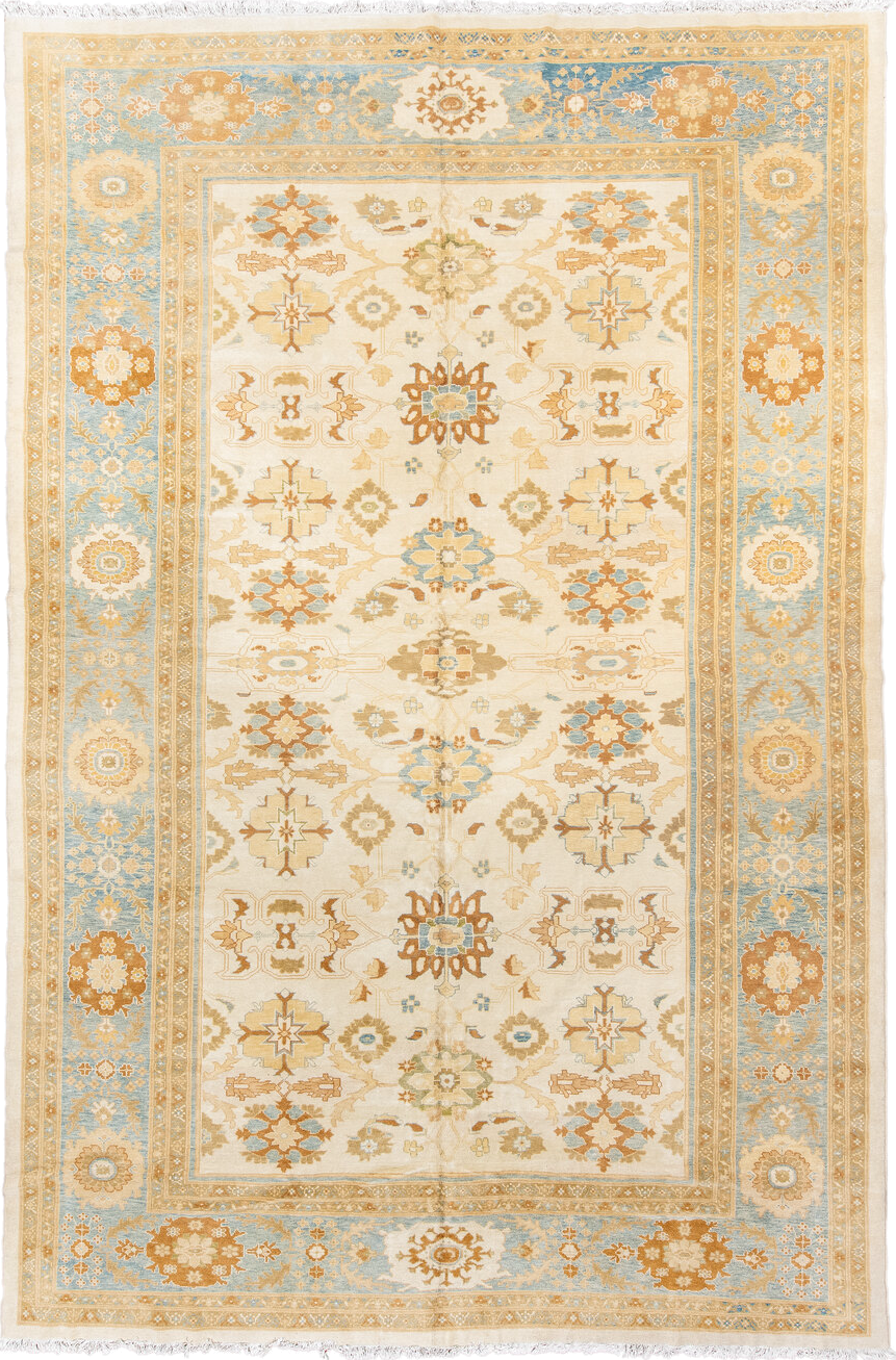 11' x 17' one-of-a-kind handmade vintage Sultanabad oversize rug. Color palette: ivory, sky blue, gold, camel, taupe, rust