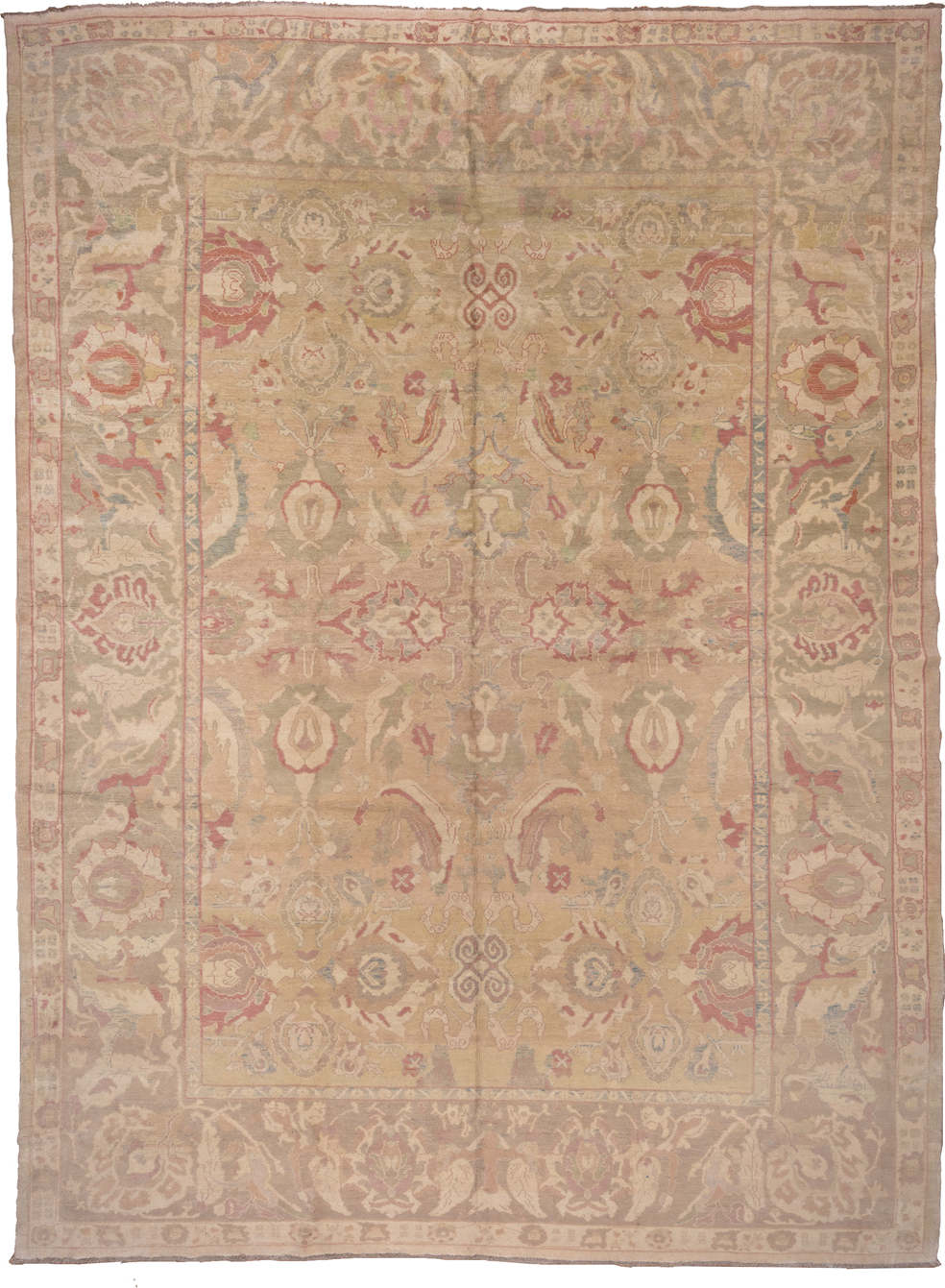 12' x 16' one-of-a-kind handmade vintage Sultanabad oversize rug. Color palette: tan, taupe, rose, sage, ivory, dusty blue