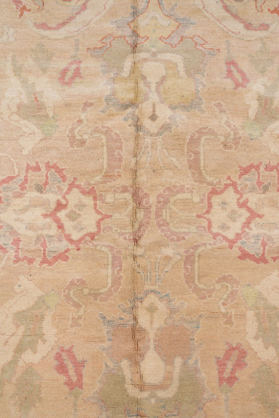 12' x 16' one-of-a-kind handmade vintage Sultanabad oversize rug. Color palette: tan, taupe, rose, sage, ivory, dusty blue