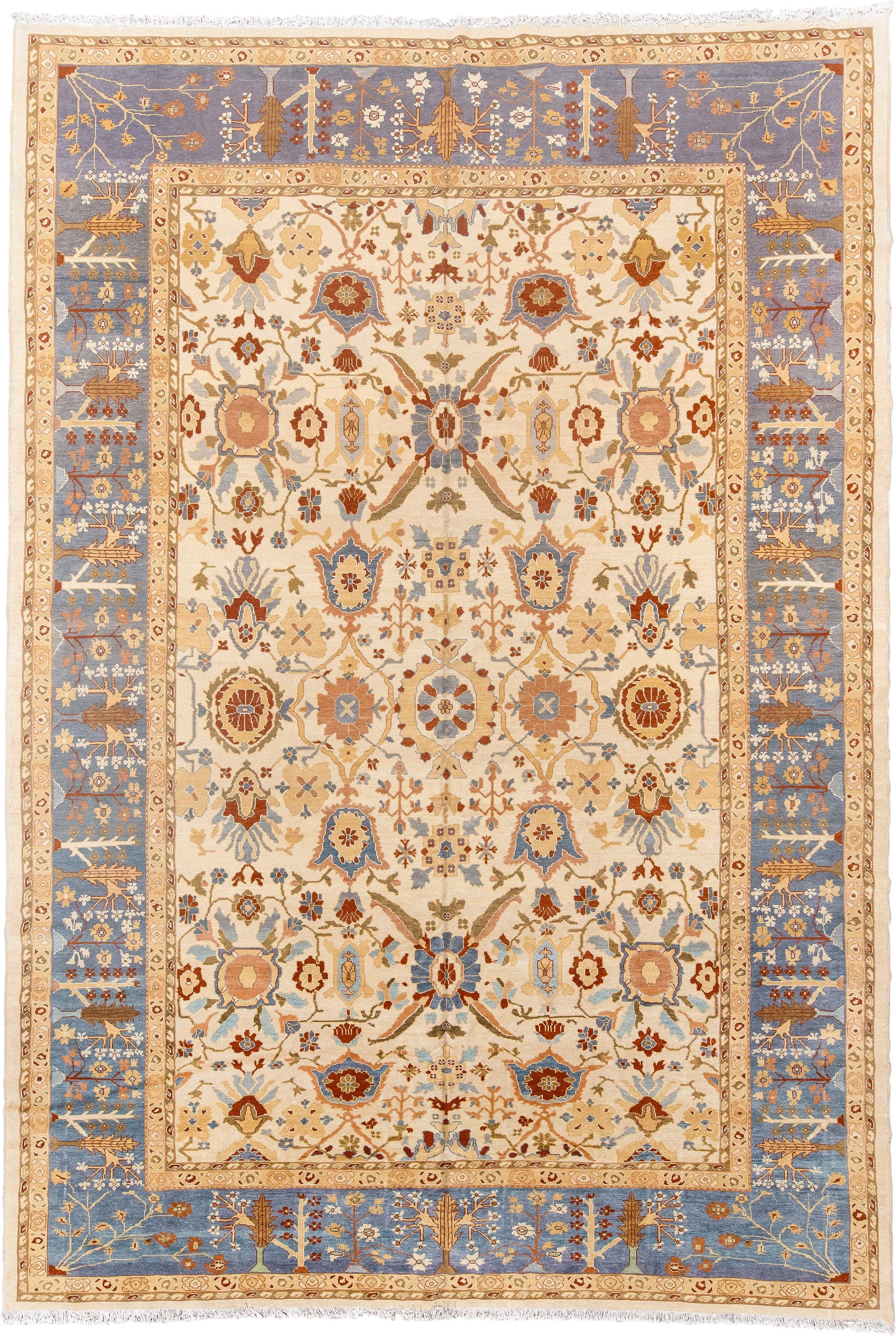 12' x 18' one-of-a-kind handmade vintage Sultanabad oversize rug. Color palette: ivory, powder blue, camel, rust, gold