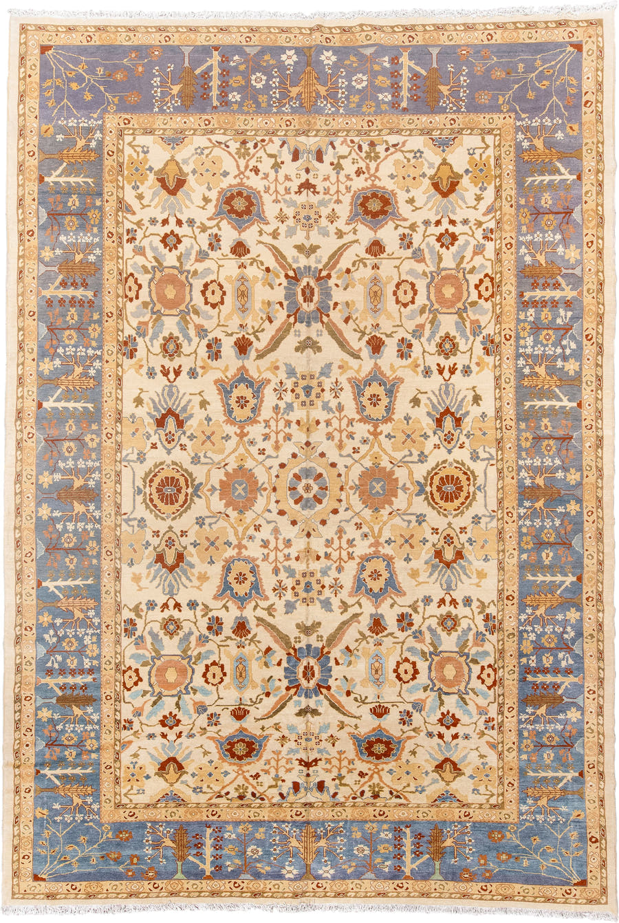 12' x 18' one-of-a-kind handmade vintage Sultanabad oversize rug. Color palette: ivory, powder blue, camel, rust, gold