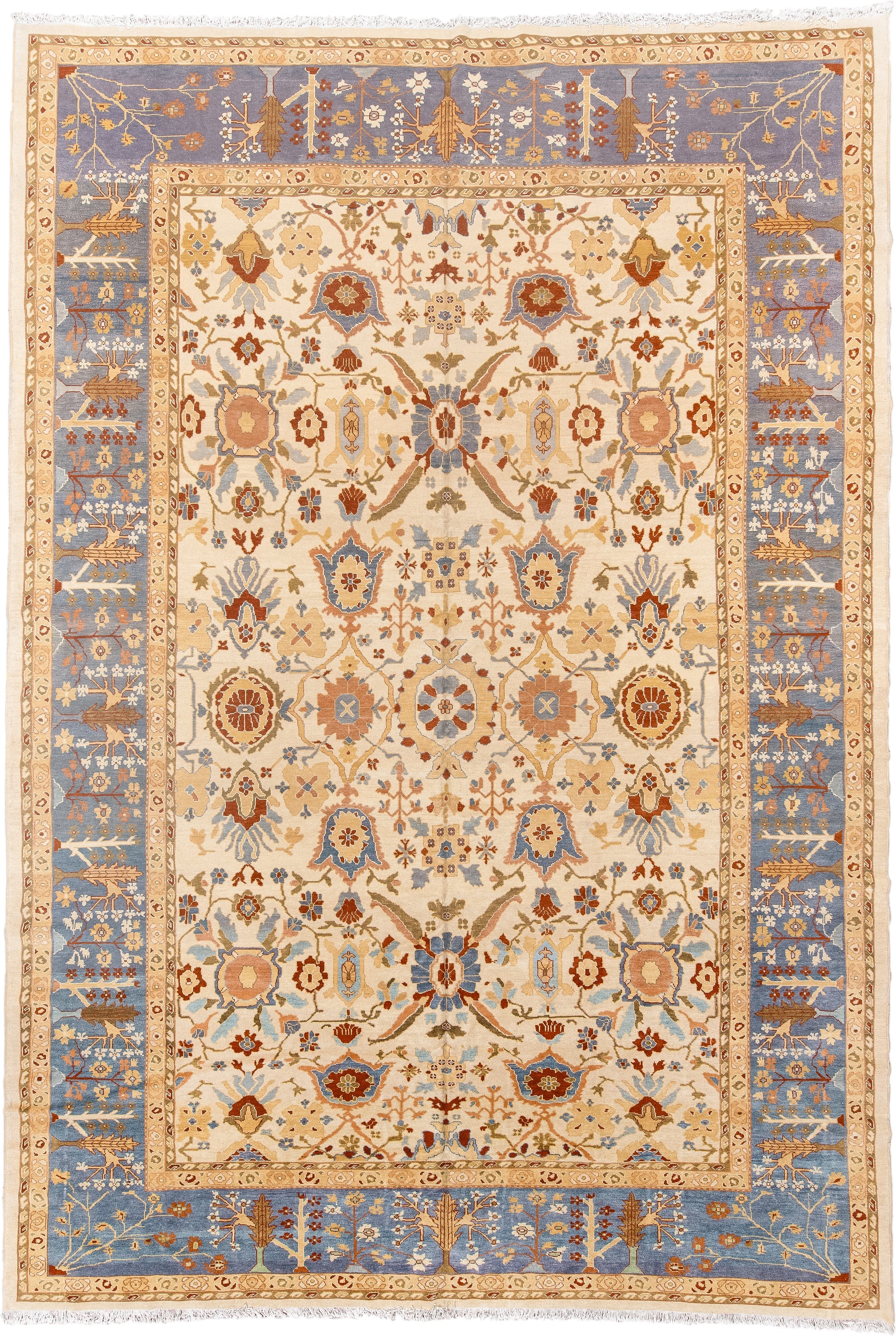 12' x 18' one-of-a-kind handmade vintage Sultanabad oversize rug. Color palette: ivory, powder blue, camel, rust, gold