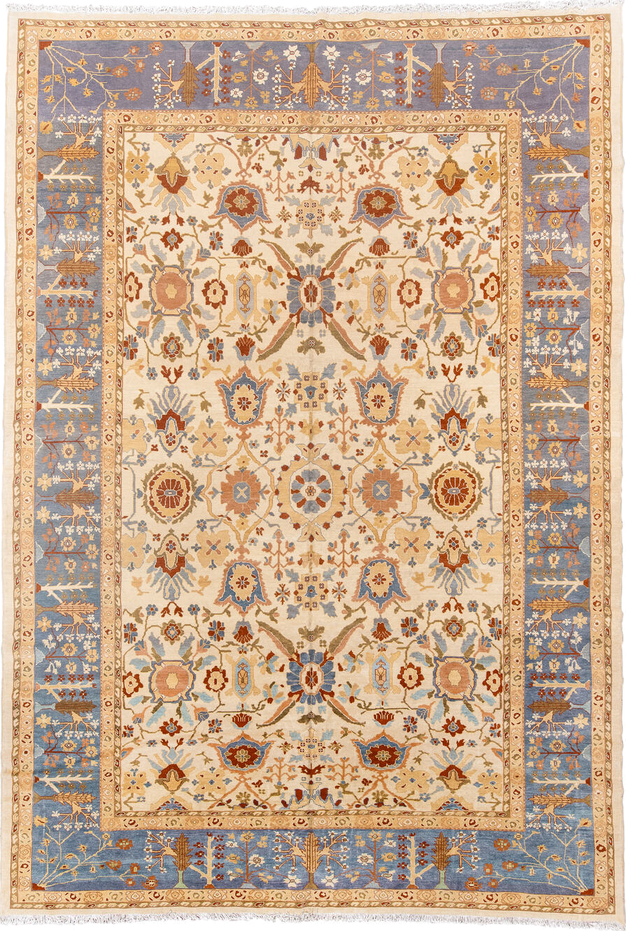 12' x 18' one-of-a-kind handmade vintage Sultanabad oversize rug. Color palette: ivory, powder blue, camel, rust, gold
