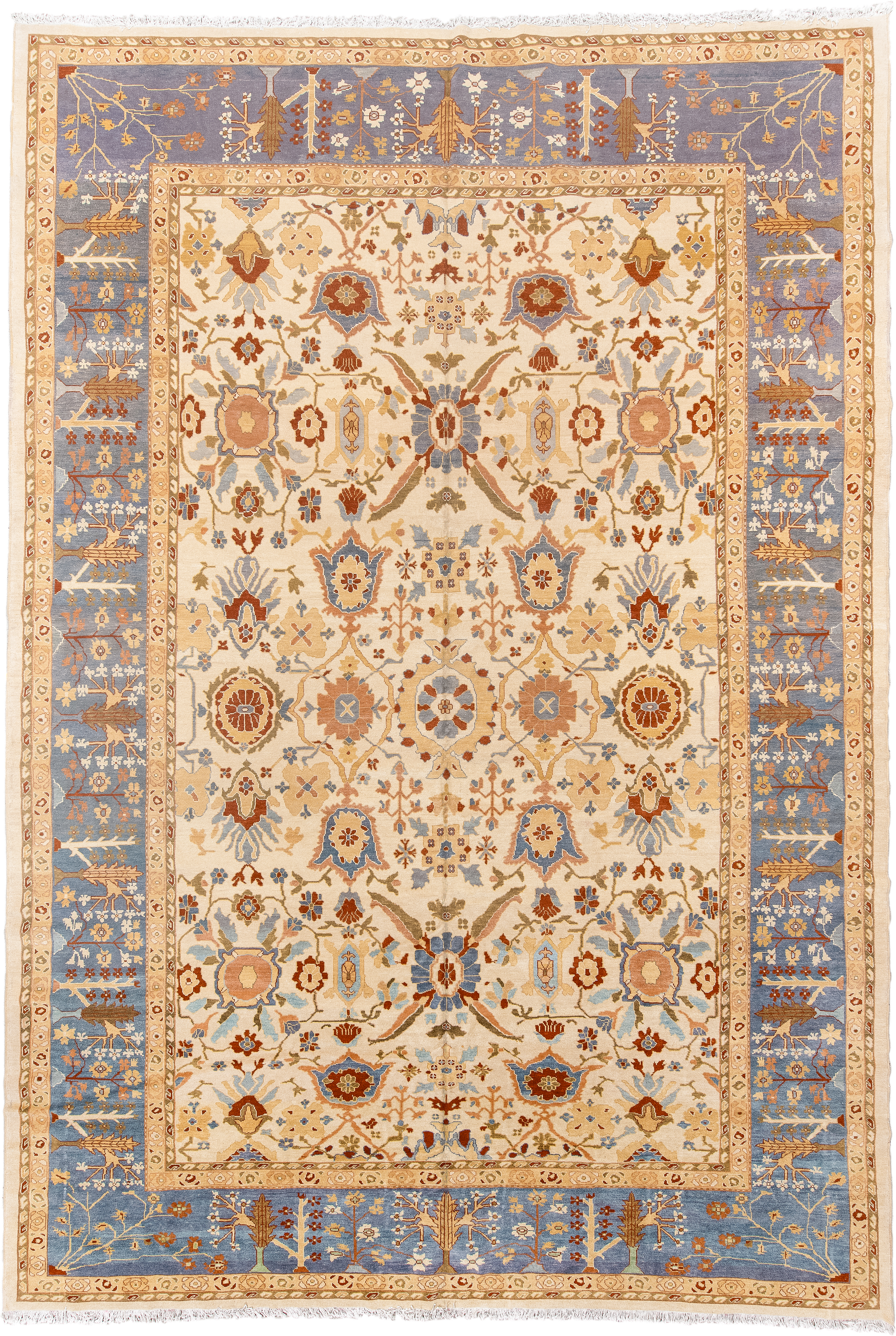 12' x 18' one-of-a-kind handmade vintage Sultanabad oversize rug. Color palette: ivory, powder blue, camel, rust, gold