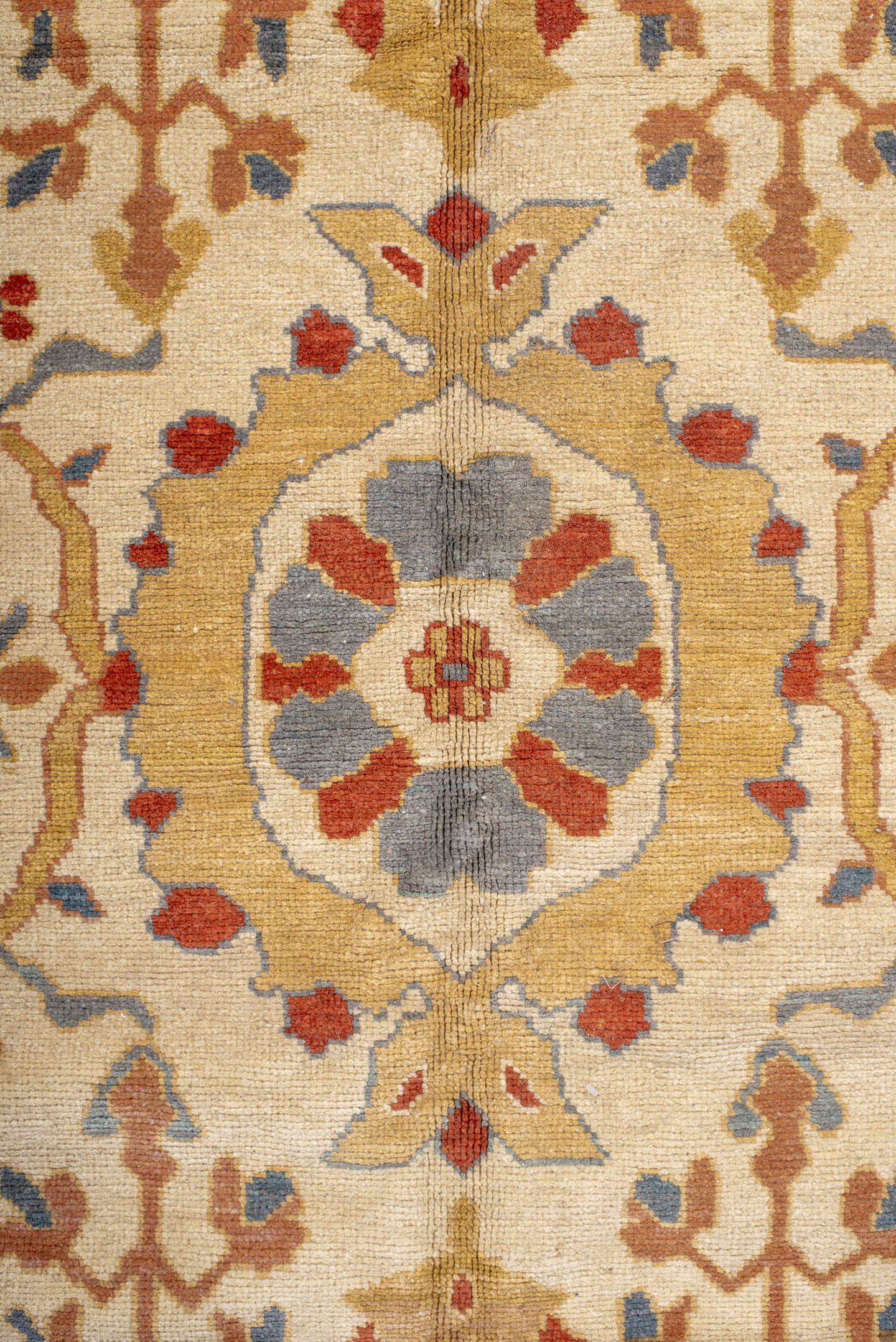 12' x 18' one-of-a-kind handmade vintage Sultanabad oversize rug. Color palette: ivory, powder blue, camel, rust, gold