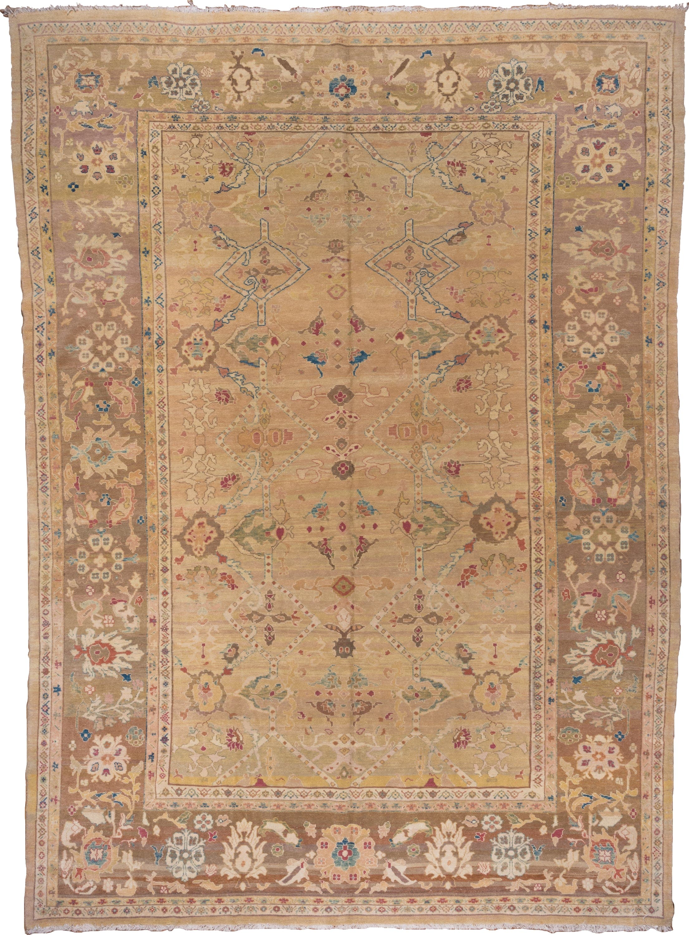 11' x 16' one-of-a-kind handmade vintage Sultanabad oversize rug. Color palette: camel, taupe, beige, ivory, sage