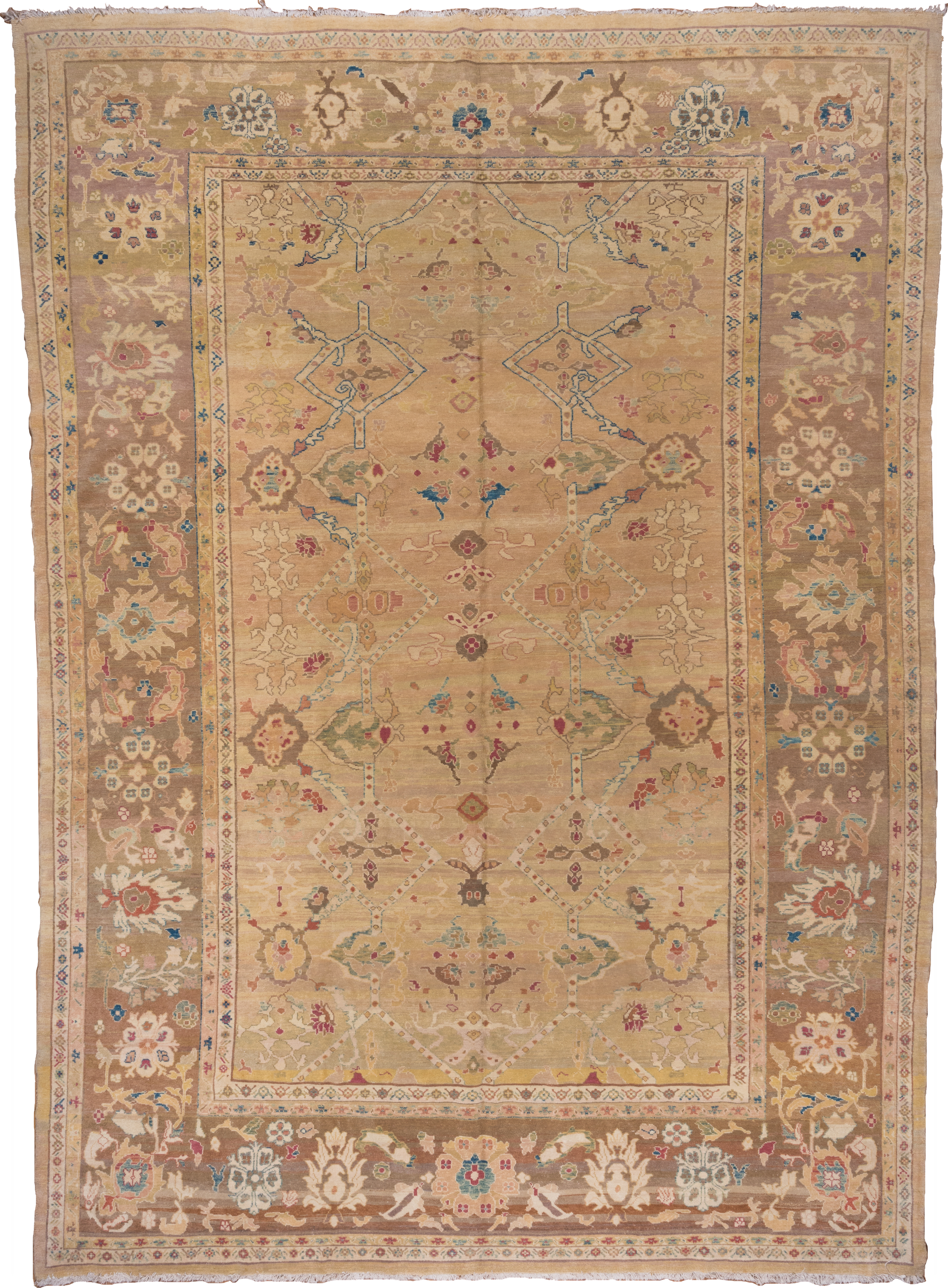 11' x 16' one-of-a-kind handmade vintage Sultanabad oversize rug. Color palette: camel, taupe, beige, ivory, sage