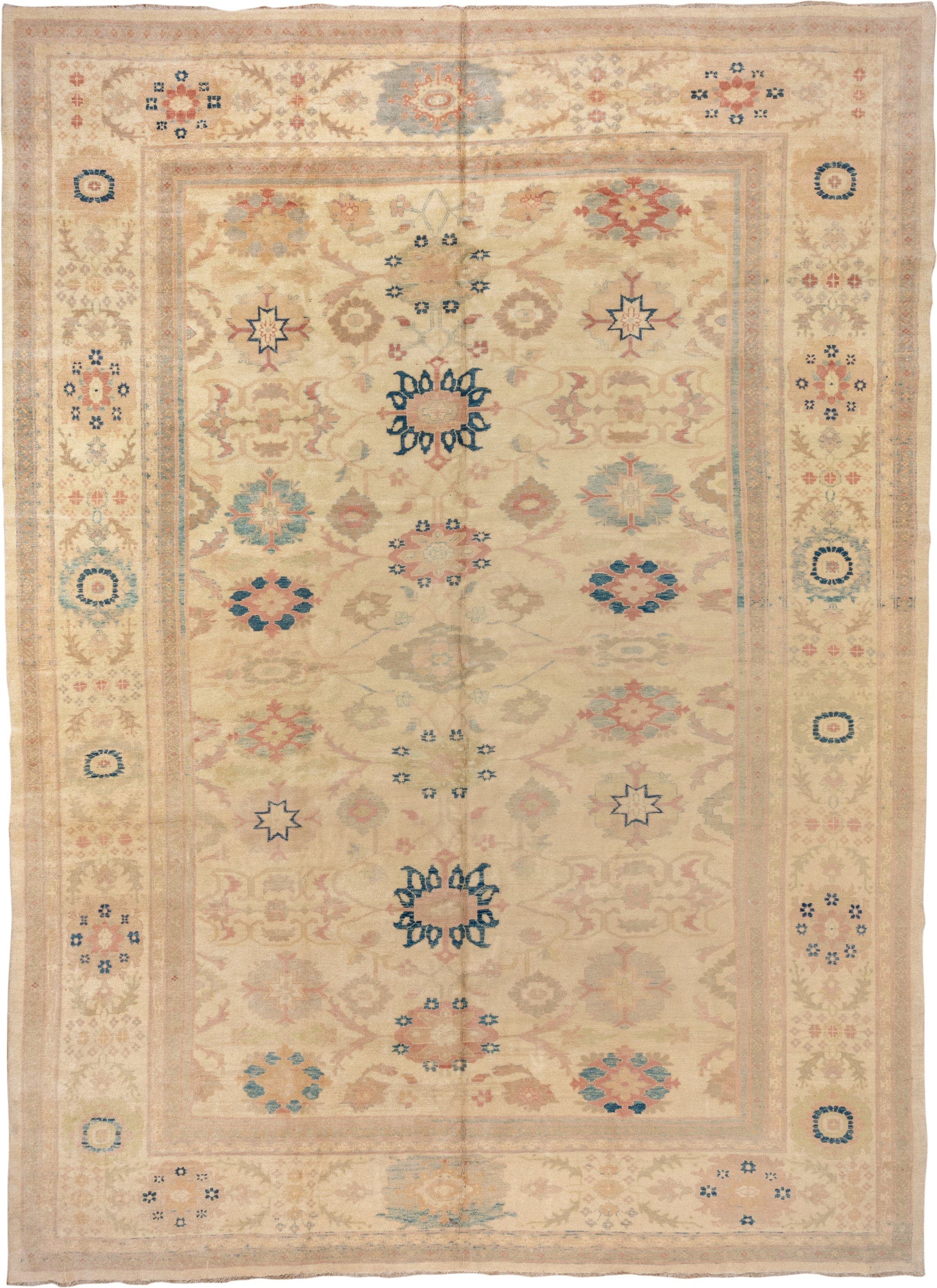 11' x 16' one-of-a-kind handmade vintage Sultanabad oversize rug. Color palette: ivory, beige, pale blue, blush, taupe