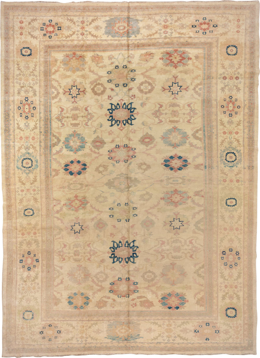 11' x 16' one-of-a-kind handmade vintage Sultanabad oversize rug. Color palette: ivory, beige, pale blue, blush, taupe