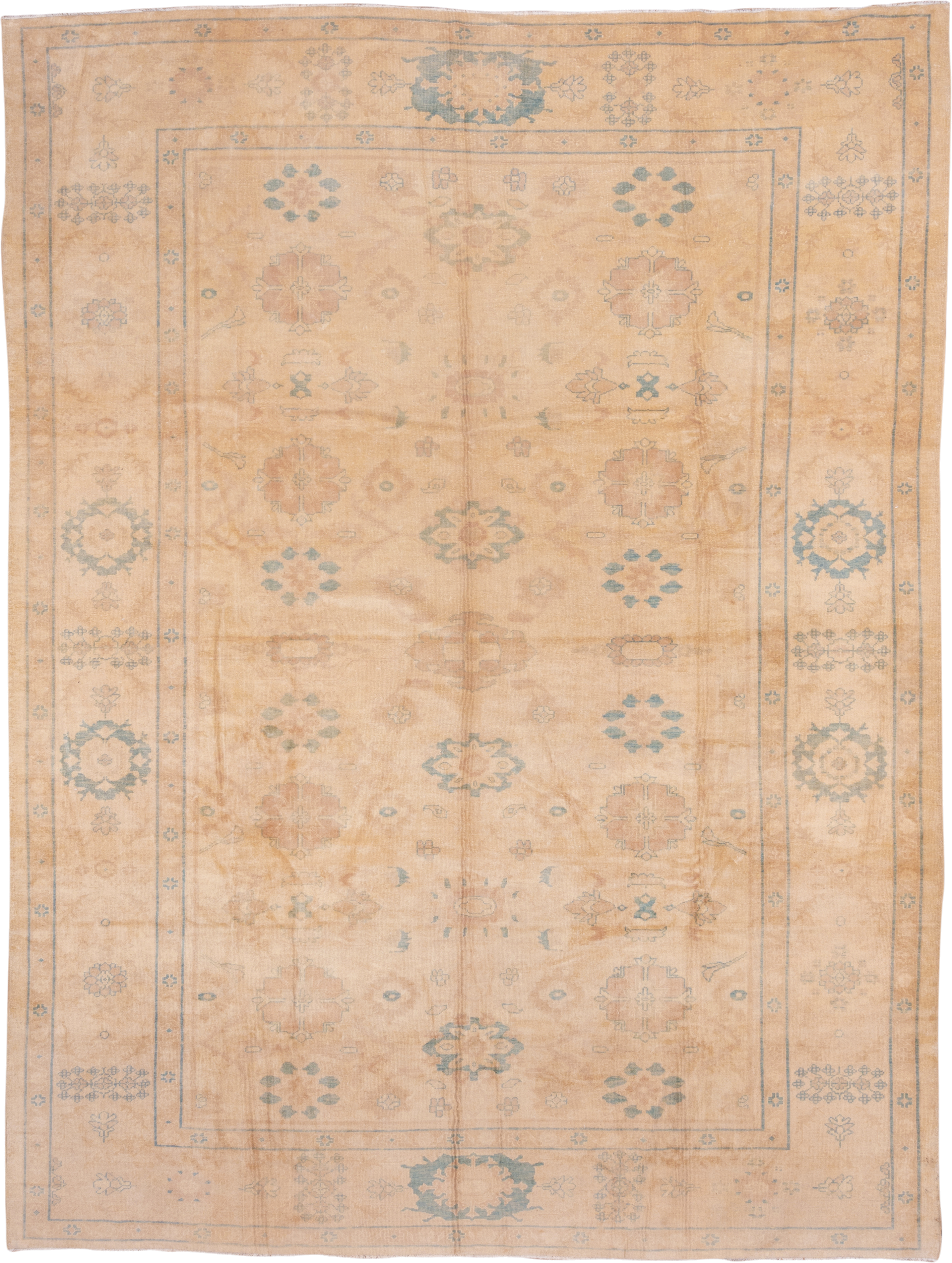 9' x 13' one-of-a-kind handmade vintage Sultanabad large size rug. Color palette: peach, camel, pale blue, ivory, taupe