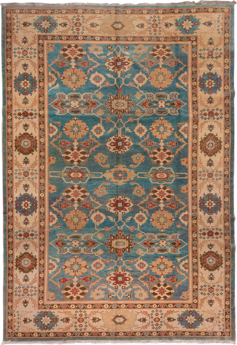 9' x 13' one-of-a-kind handmade vintage Sultanabad large size rug. Color palette: blue, ivory, camel, rust, brown, teal