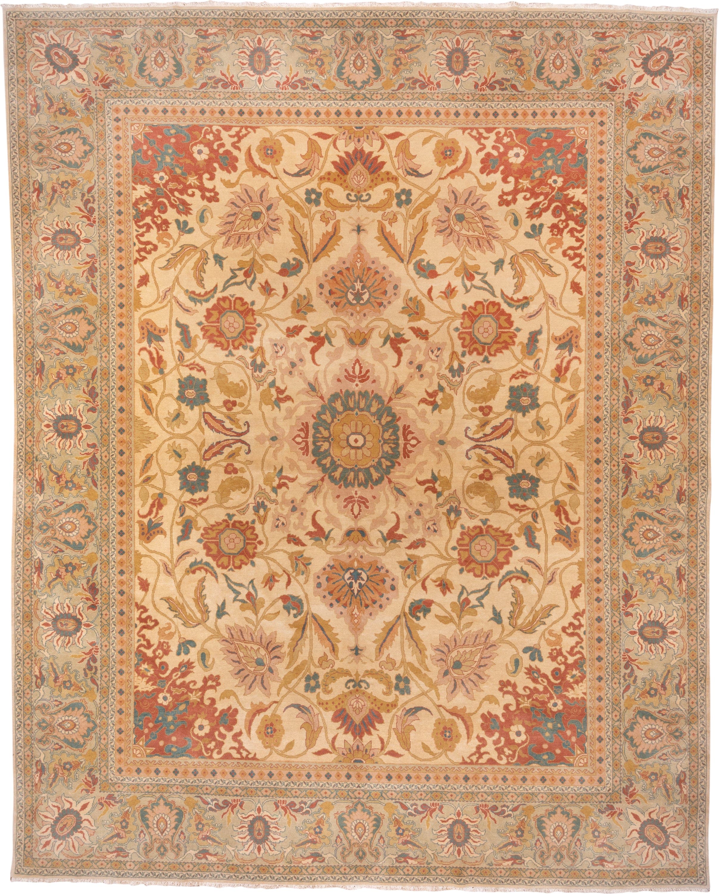 13' x 16' one-of-a-kind handmade vintage Sultanabad oversize rug. Color palette: ivory, beige, terra cotta, sage, gold, teal