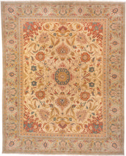 13' x 16' one-of-a-kind handmade vintage Sultanabad oversize rug. Color palette: ivory, beige, terra cotta, sage, gold, teal