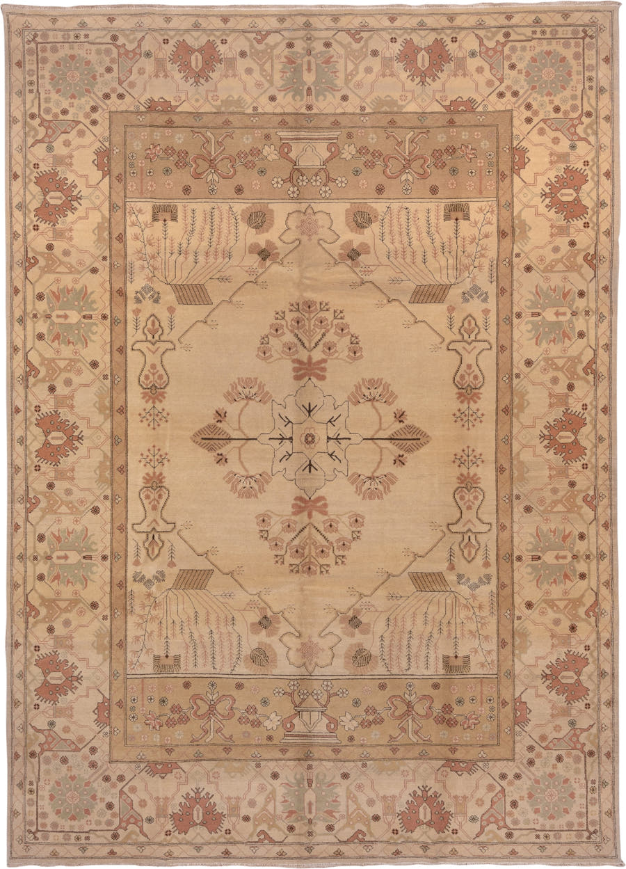 10' x 13' one-of-a-kind handmade vintage Oushak large size rug. Color palette: ivory, beige, blush, sage, terra cotta, taupe