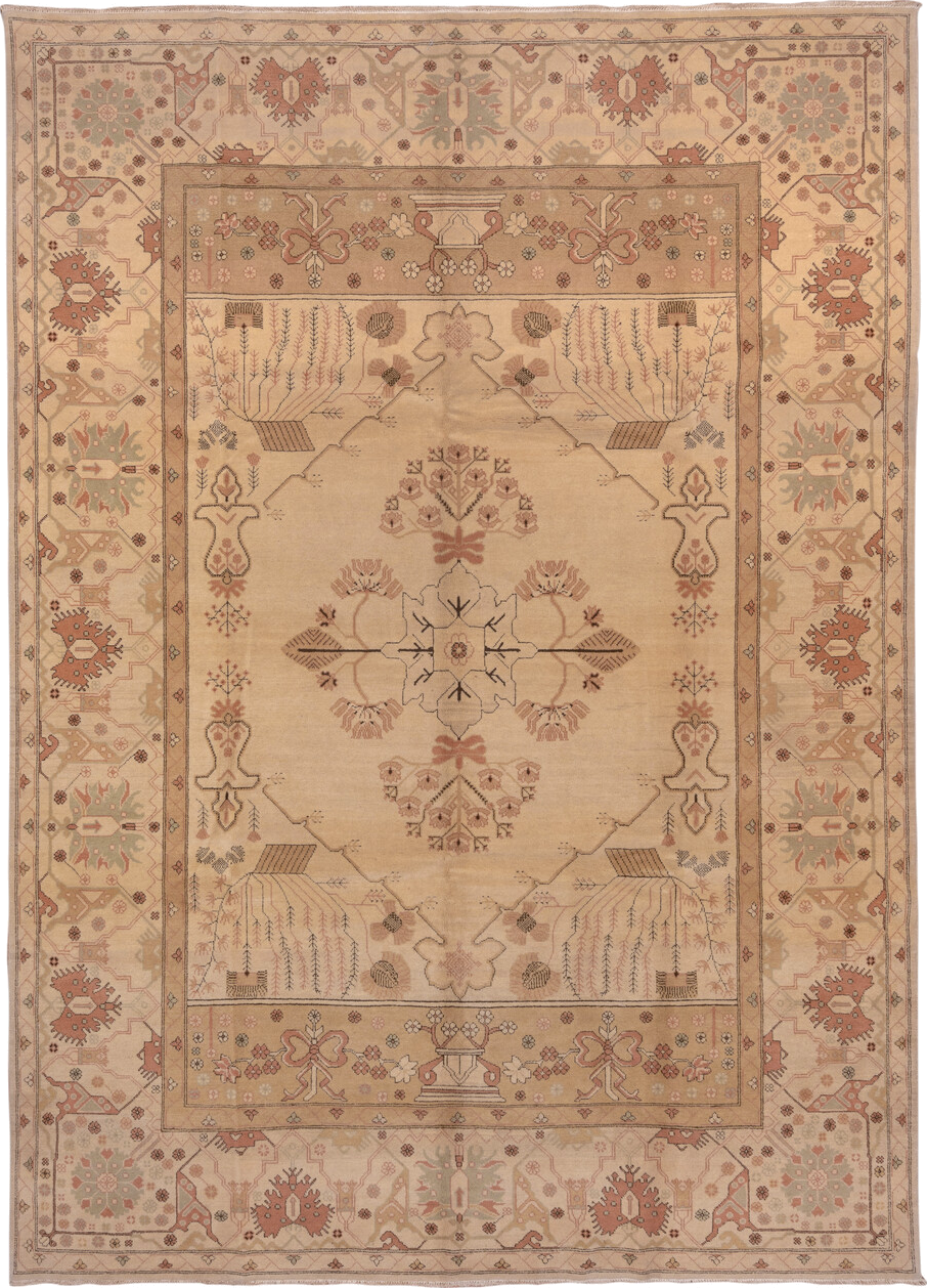 10' x 13' one-of-a-kind handmade vintage Oushak large size rug. Color palette: ivory, beige, blush, sage, terra cotta, taupe