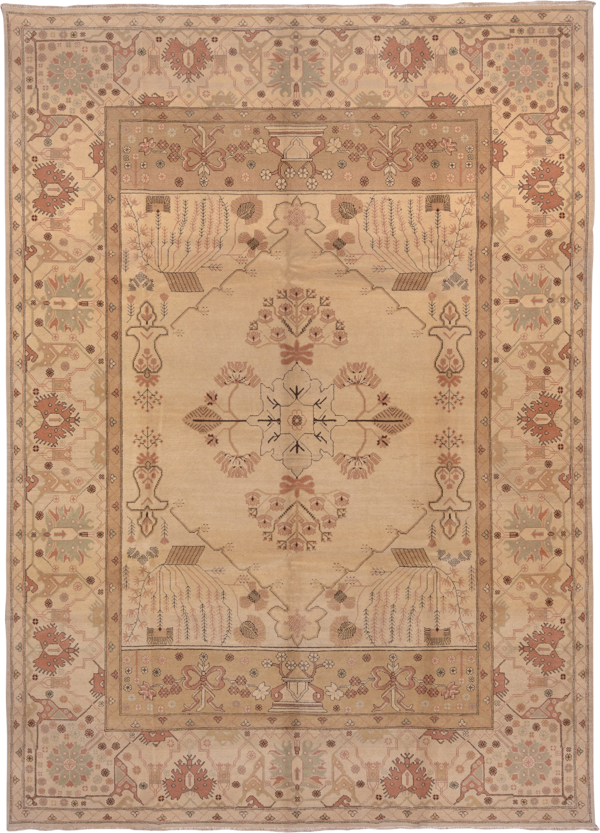 10' x 13' one-of-a-kind handmade vintage Oushak large size rug. Color palette: ivory, beige, blush, sage, terra cotta, taupe