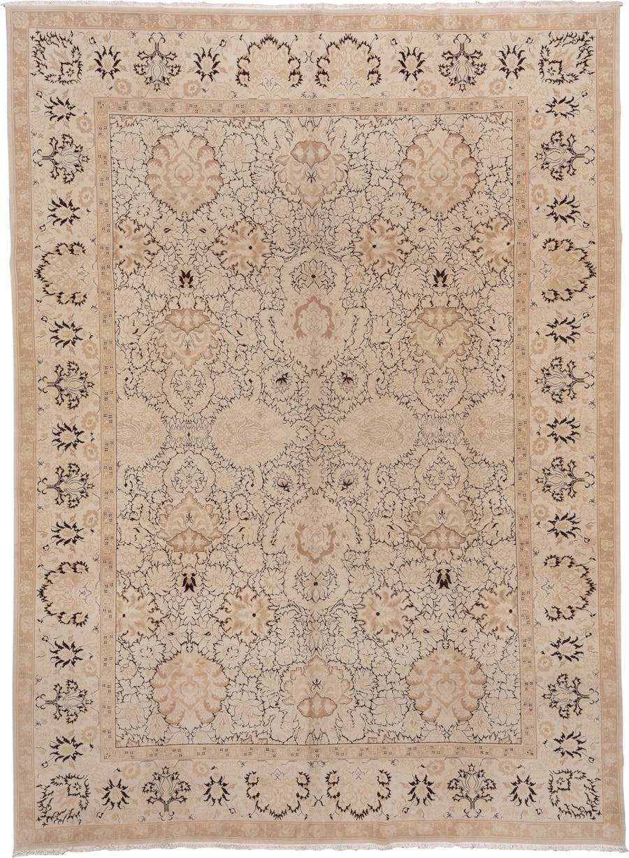 10' x 13' one-of-a-kind handmade vintage Agra large size rug. Color palette: ivory, beige, taupe, brown, camel, gray