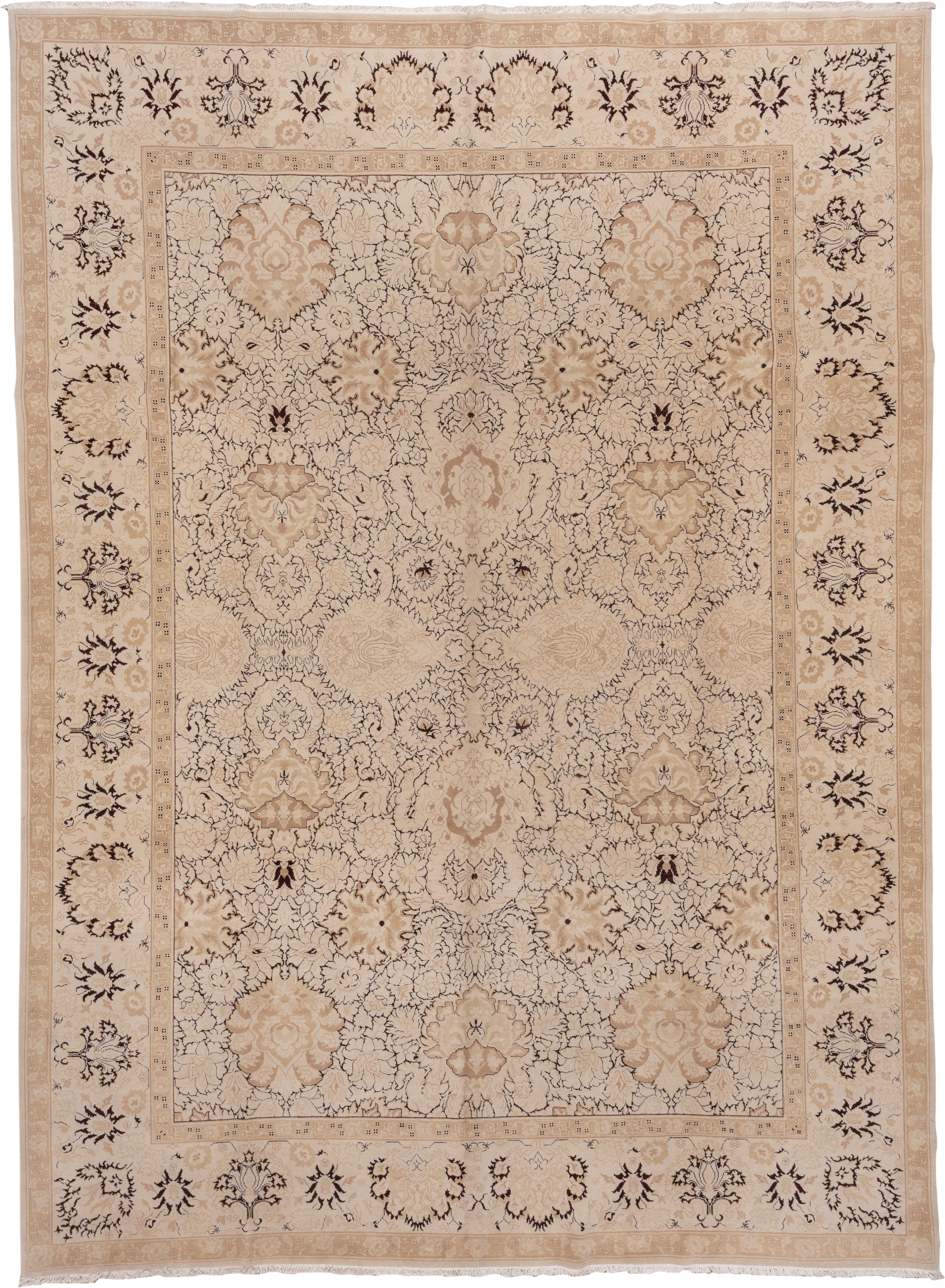 10' x 13' one-of-a-kind handmade vintage Agra large size rug. Color palette: ivory, beige, taupe, brown, camel, gray