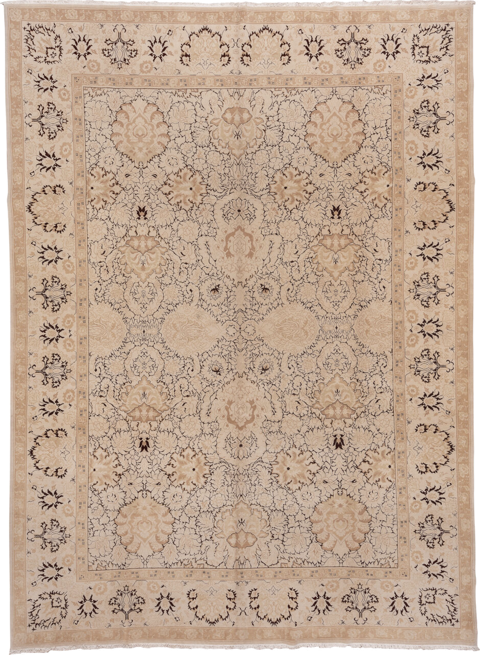 10' x 13' one-of-a-kind handmade vintage Agra large size rug. Color palette: ivory, beige, taupe, brown, camel, gray