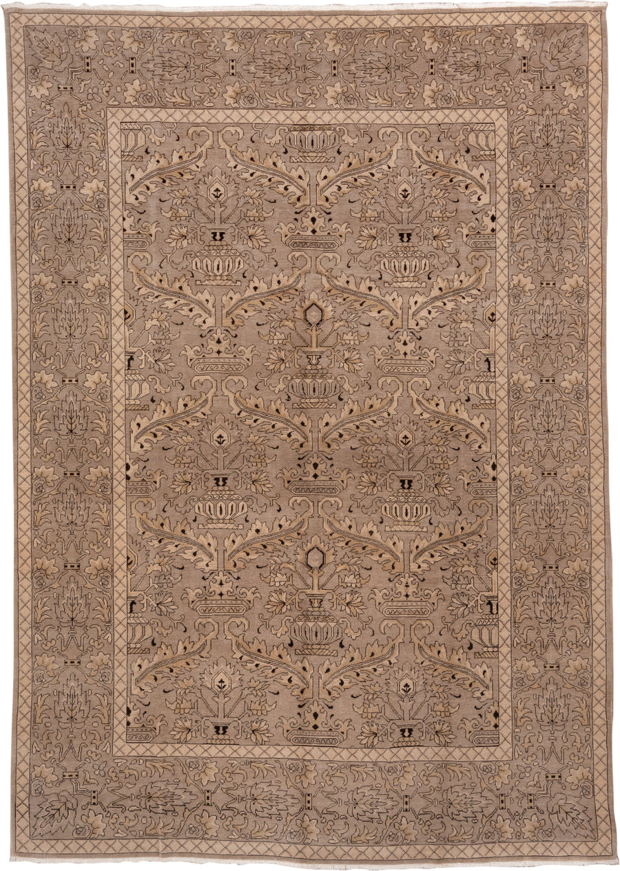 10' x 13' one-of-a-kind handmade vintage Khotan large size rug. Color palette: taupe, beige, camel, brown, ivory, charcoal