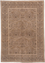 10' x 13' one-of-a-kind handmade vintage Khotan large size rug. Color palette: taupe, beige, camel, brown, ivory, charcoal