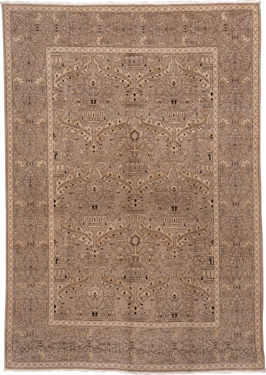 10' x 13' one-of-a-kind handmade vintage Khotan large size rug. Color palette: taupe, beige, camel, brown, ivory, charcoal