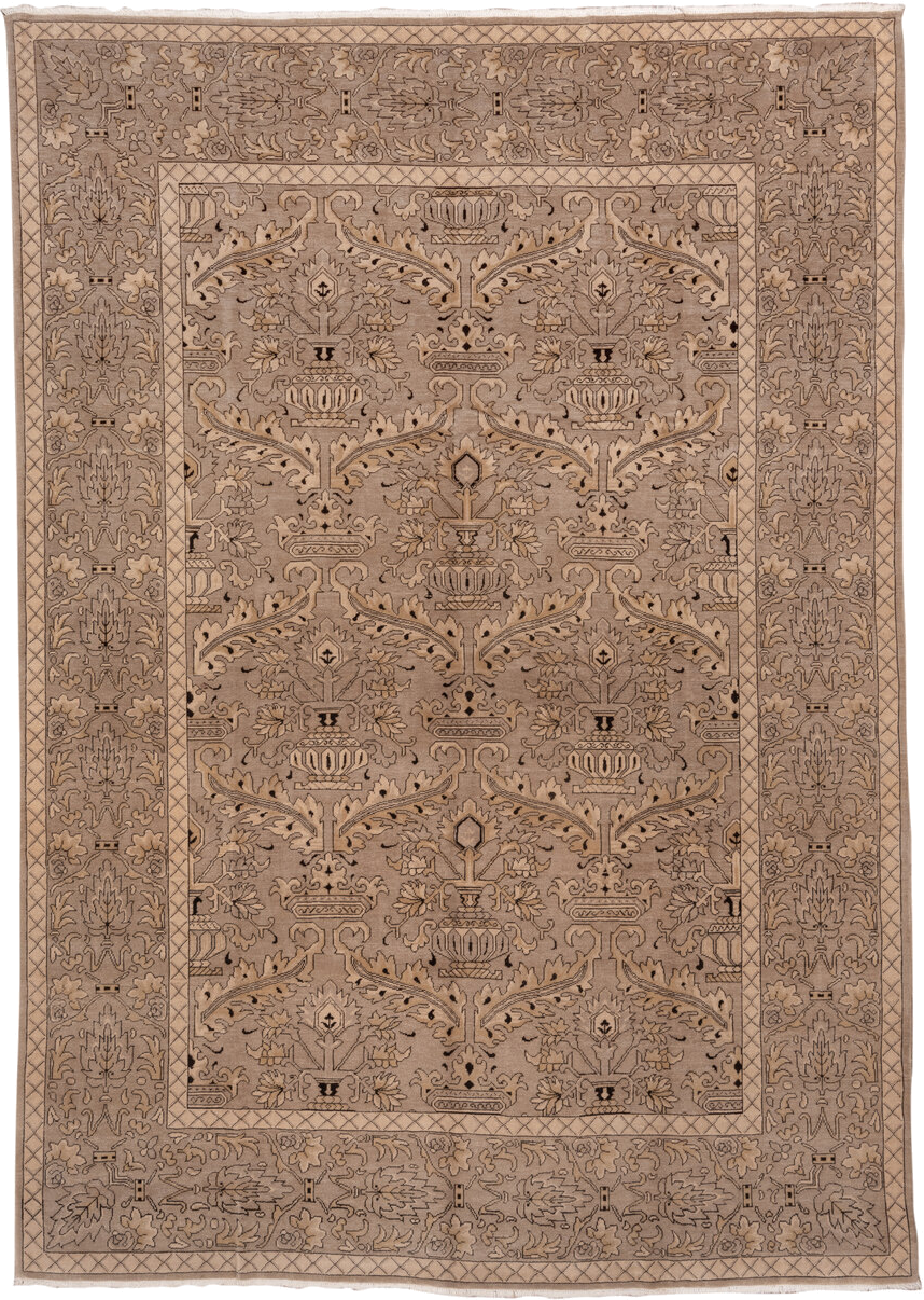 10' x 13' one-of-a-kind handmade vintage Khotan large size rug. Color palette: taupe, beige, camel, brown, ivory, charcoal