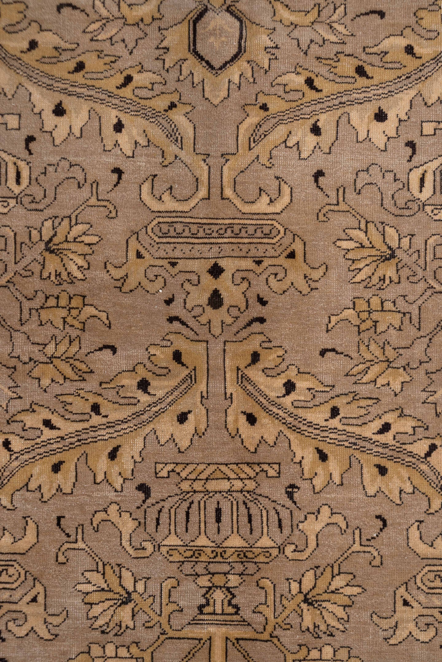 10' x 13' one-of-a-kind handmade vintage Khotan large size rug. Color palette: taupe, beige, camel, brown, ivory, charcoal