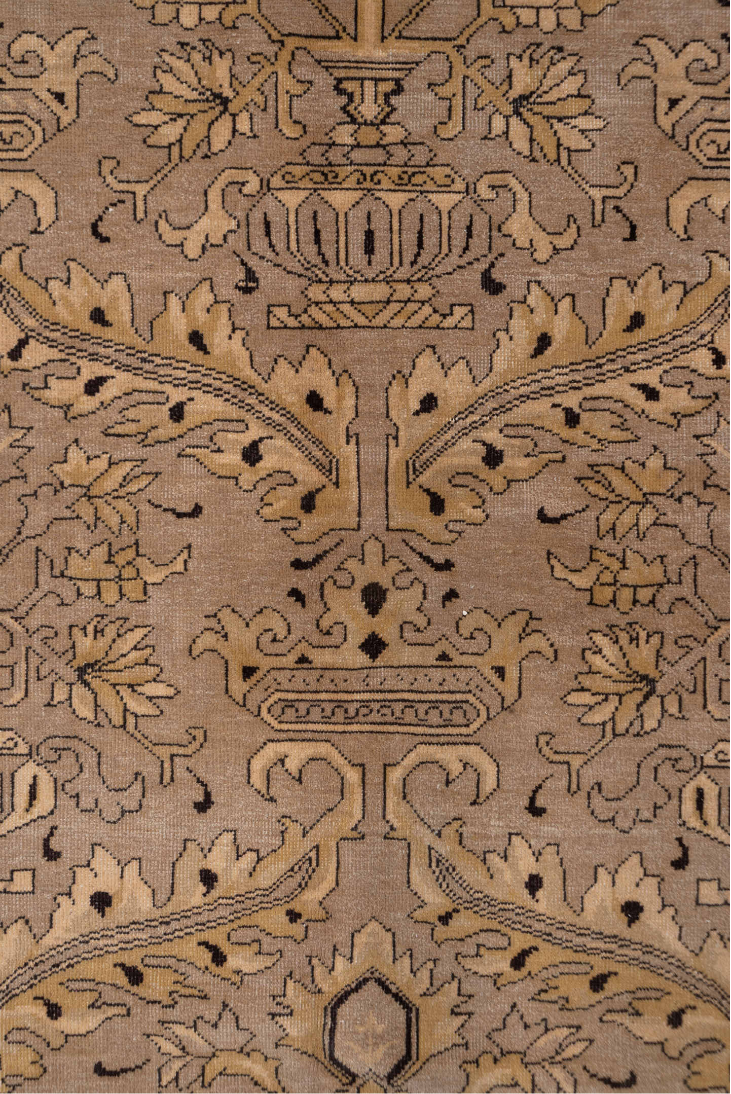 10' x 13' one-of-a-kind handmade vintage Khotan large size rug. Color palette: taupe, beige, camel, brown, ivory, charcoal