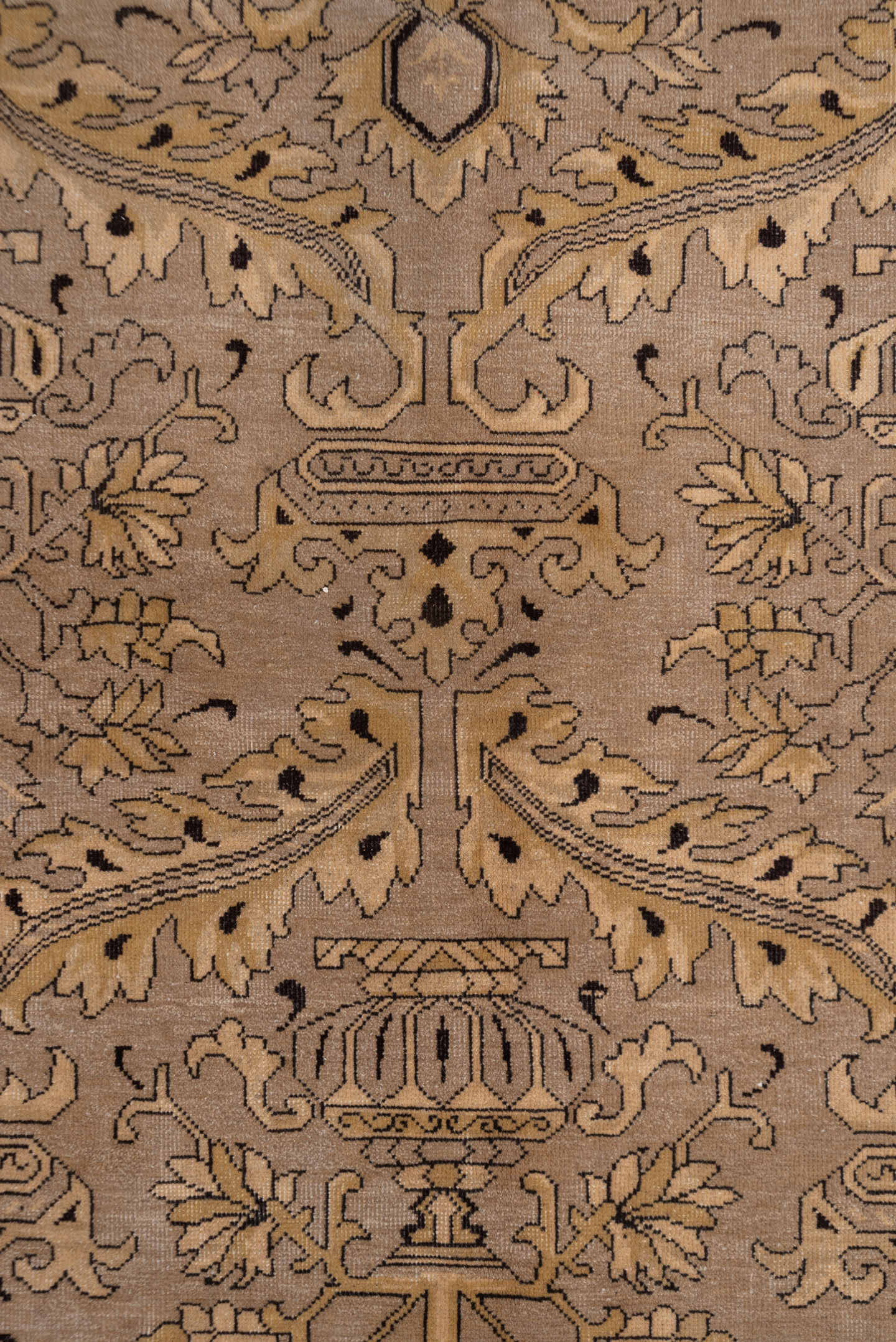 10' x 13' one-of-a-kind handmade vintage Khotan large size rug. Color palette: taupe, beige, camel, brown, ivory, charcoal