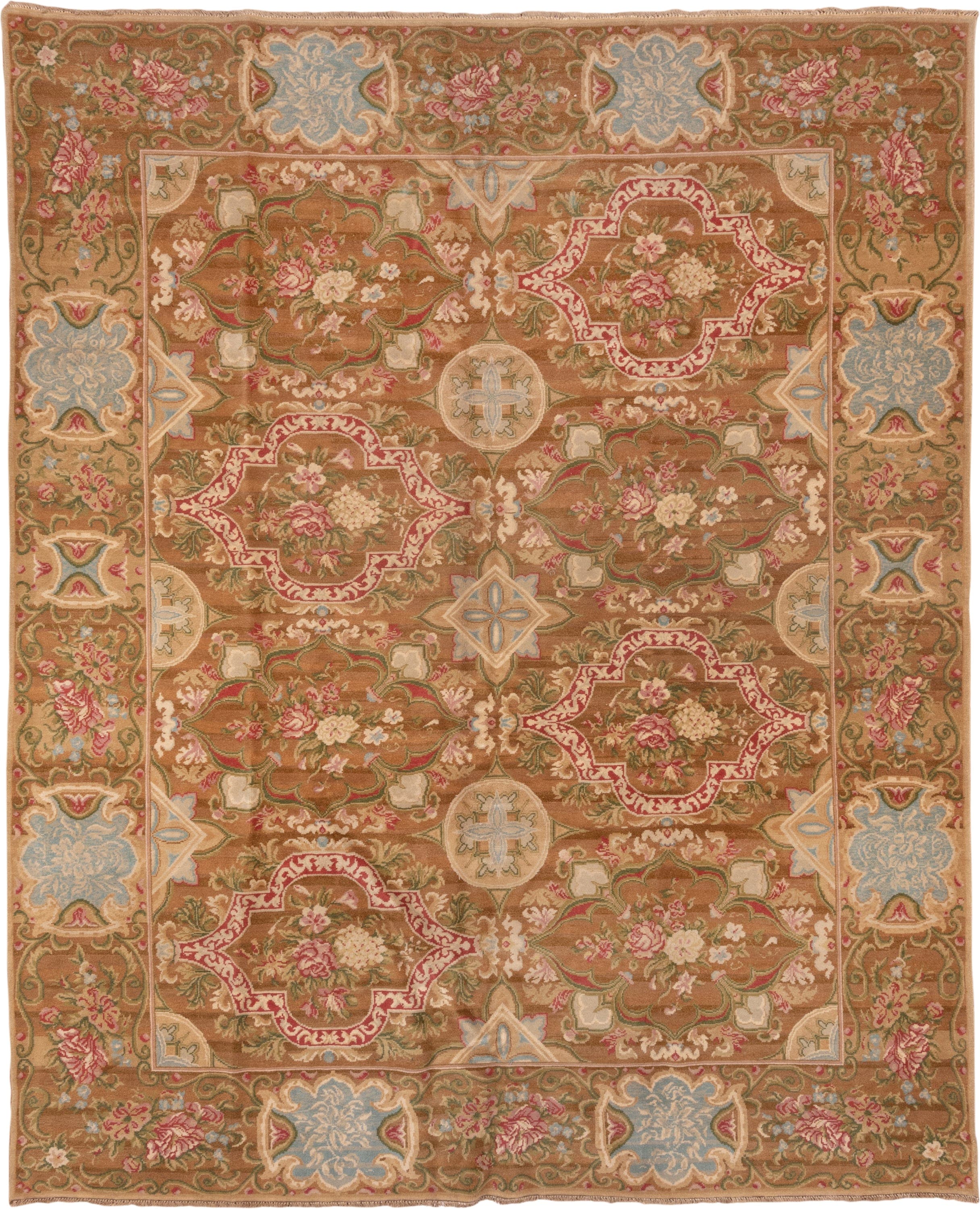 9' x 11' one-of-a-kind handmade vintage Savonnerie large size rug. Color palette: camel, rose, ivory, powder_blue, sage