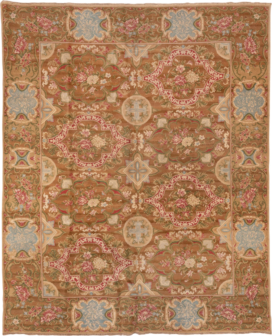 9' x 11' one-of-a-kind handmade vintage Savonnerie large size rug. Color palette: camel, rose, ivory, powder_blue, sage