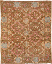 9' x 11' one-of-a-kind handmade vintage Savonnerie large size rug. Color palette: camel, rose, ivory, powder_blue, sage