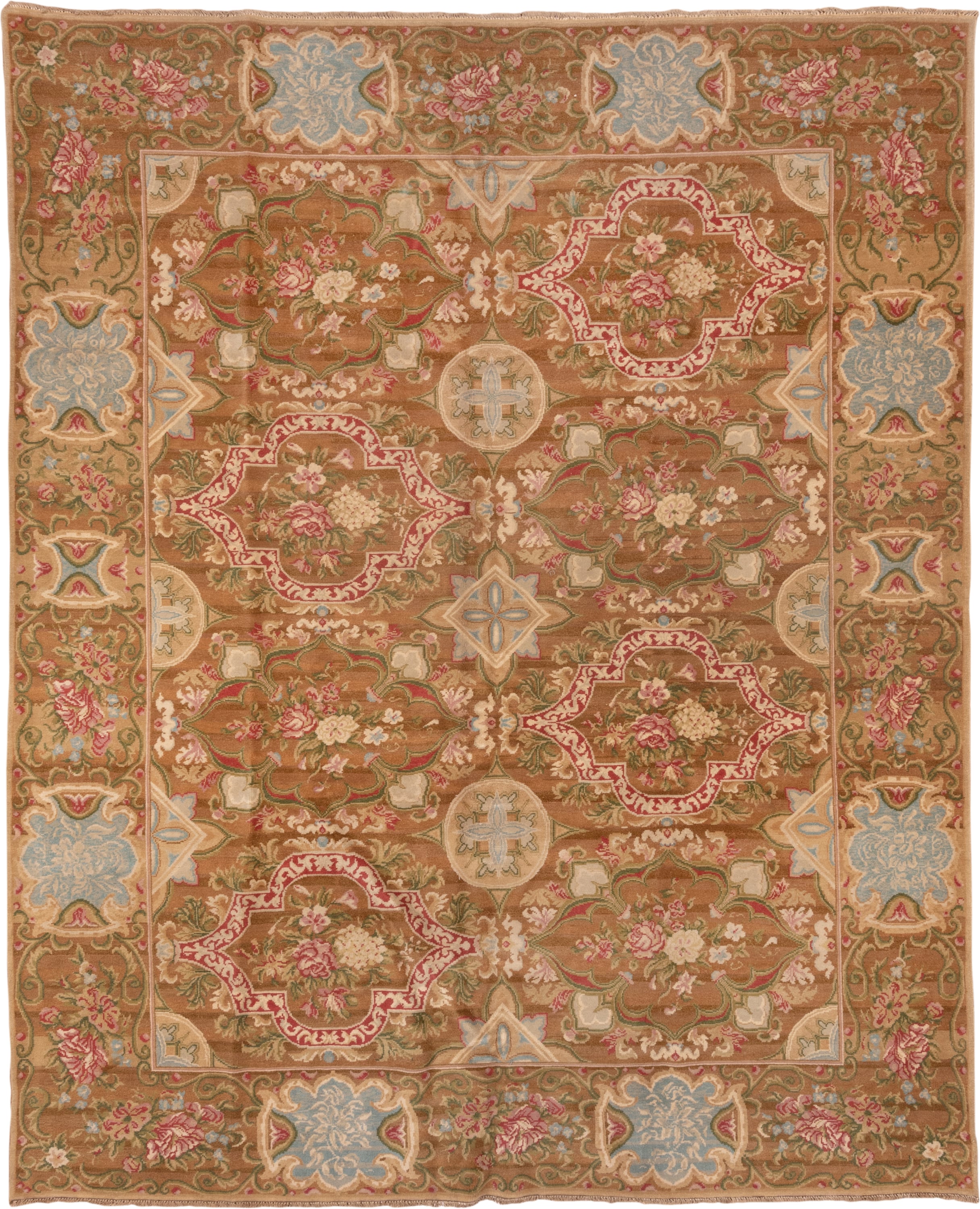 9' x 11' one-of-a-kind handmade vintage Savonnerie large size rug. Color palette: camel, rose, ivory, powder_blue, sage