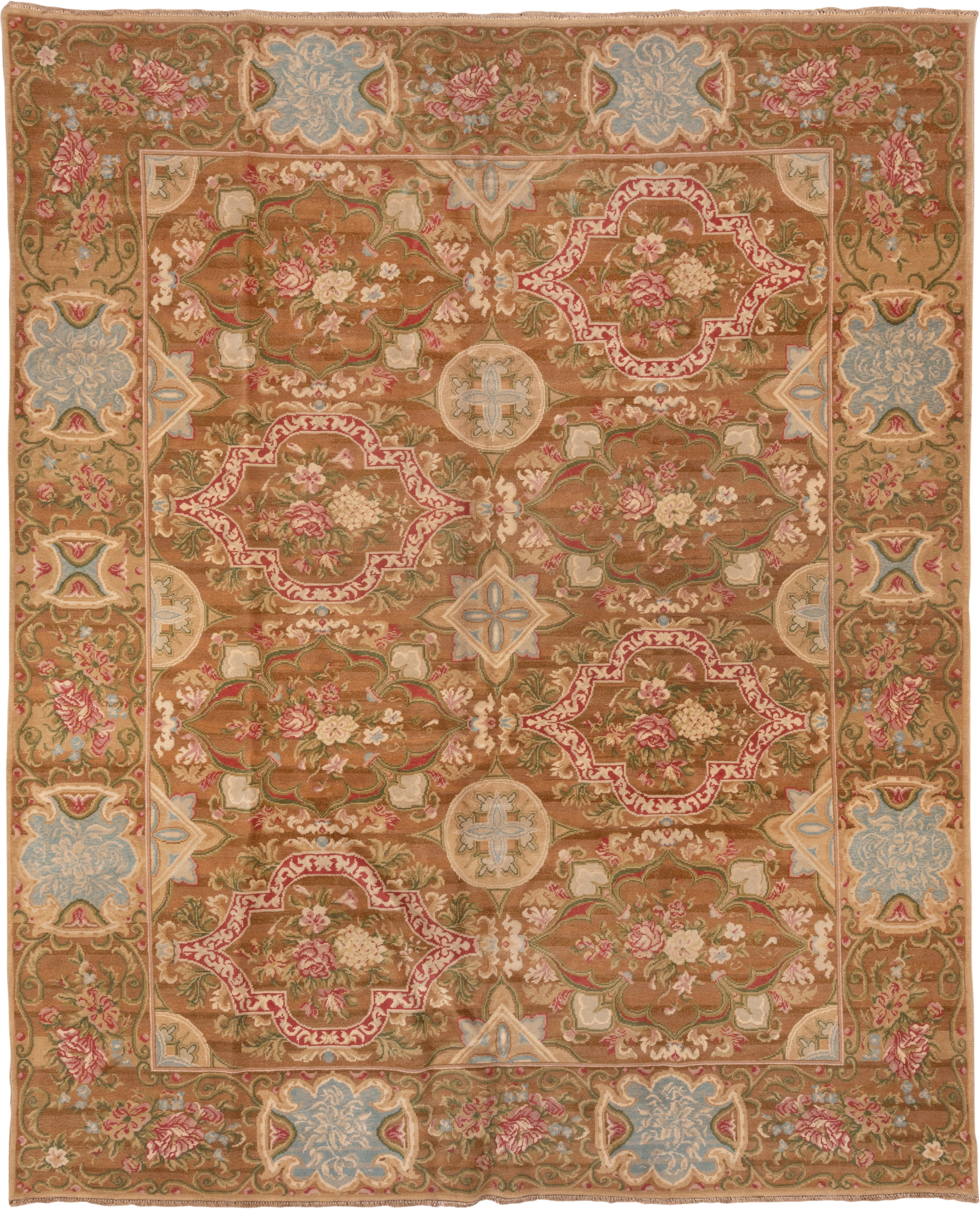 9' x 11' one-of-a-kind handmade vintage Savonnerie large size rug. Color palette: camel, rose, ivory, powder_blue, sage