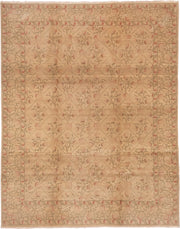8' x 10' one-of-a-kind handmade vintage Aubusson large size rug. Color palette: beige, camel, rose, olive, taupe, pink, red