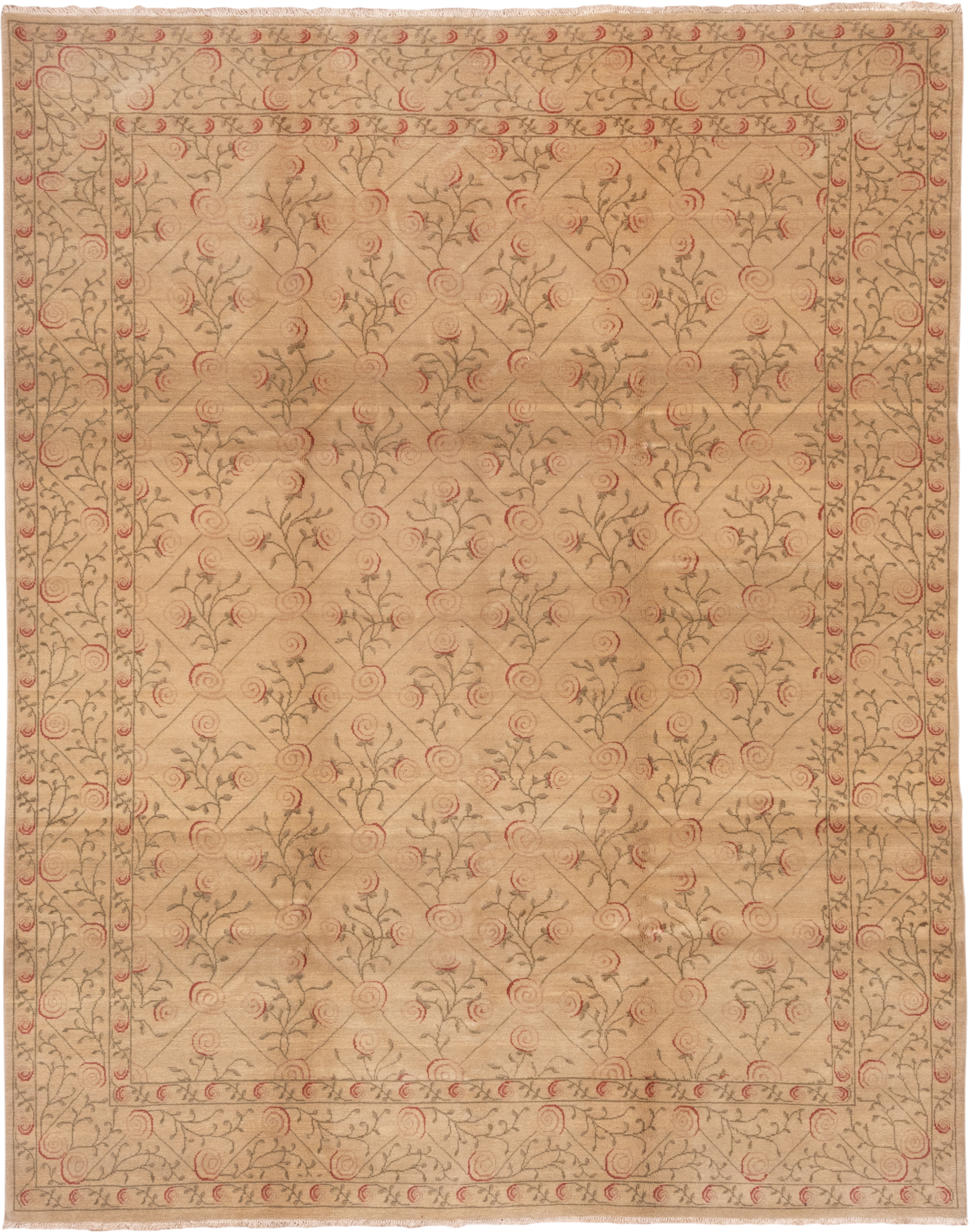 8' x 10' one-of-a-kind handmade vintage Aubusson large size rug. Color palette: beige, camel, rose, olive, taupe, pink, red