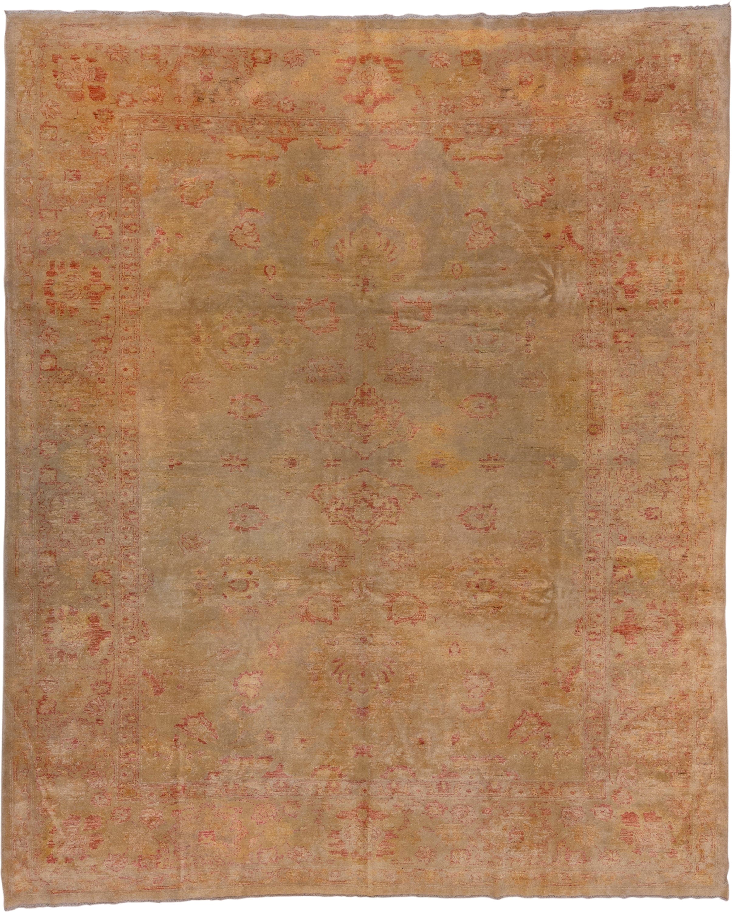 10' x 12' one-of-a-kind handmade vintage Oushak large size rug. Color palette: tan, blush, camel, gold, ivory, rose, beige