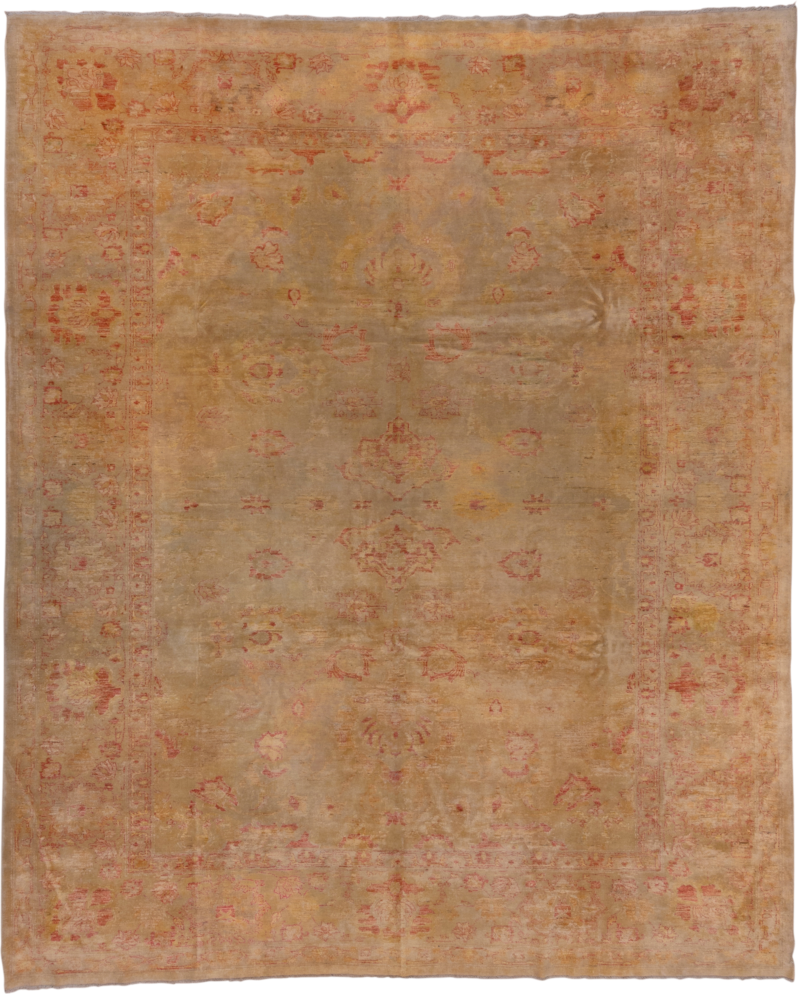 10' x 12' one-of-a-kind handmade vintage Oushak large size rug. Color palette: tan, blush, camel, gold, ivory, rose, beige