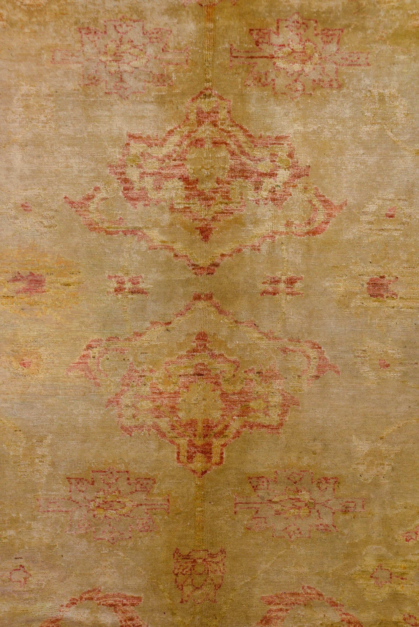 10' x 12' one-of-a-kind handmade vintage Oushak large size rug. Color palette: tan, blush, camel, gold, ivory, rose, beige