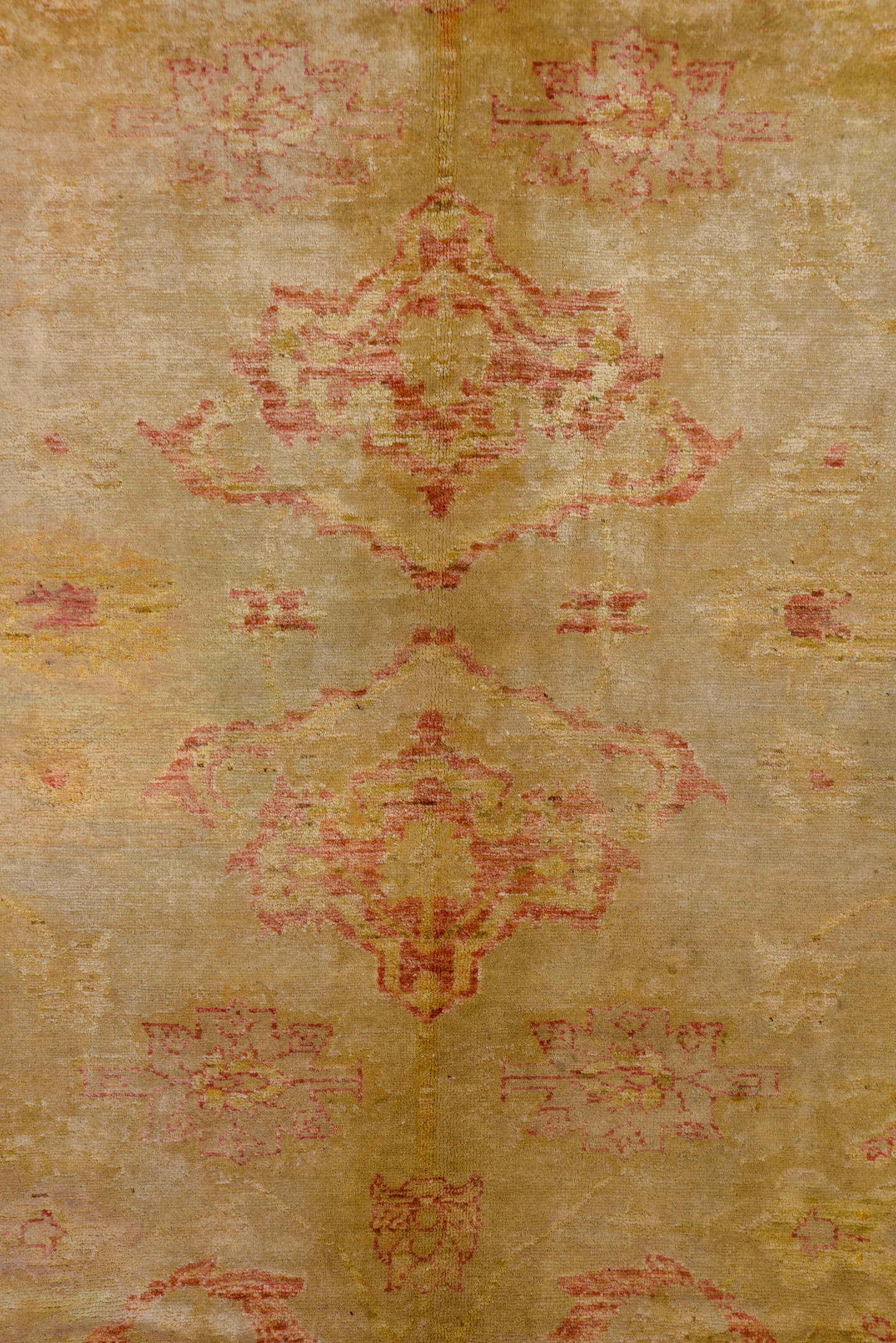 10' x 12' one-of-a-kind handmade vintage Oushak large size rug. Color palette: tan, blush, camel, gold, ivory, rose, beige