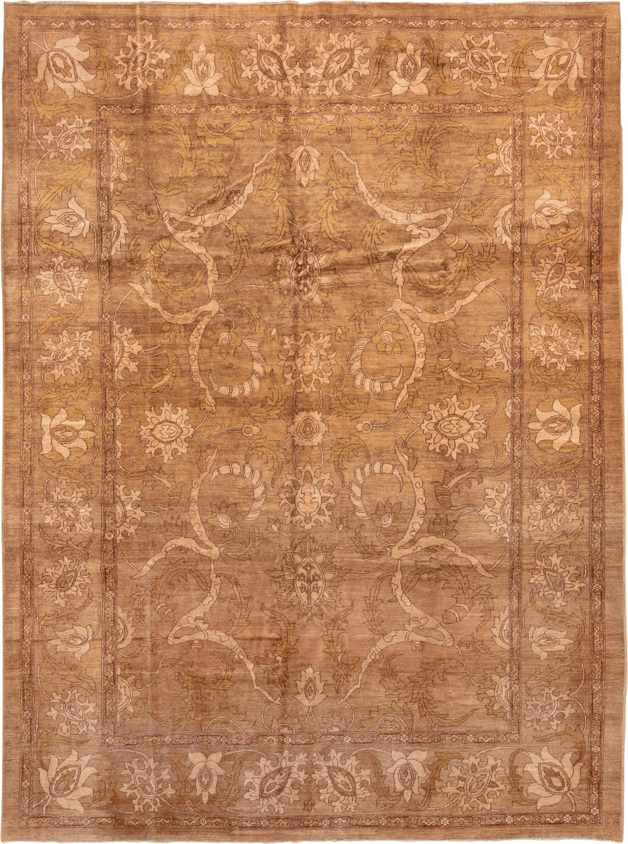 10' x 13' one-of-a-kind handmade vintage Amritzar large size rug. Color palette: camel, taupe, ivory, tan, beige, ochre